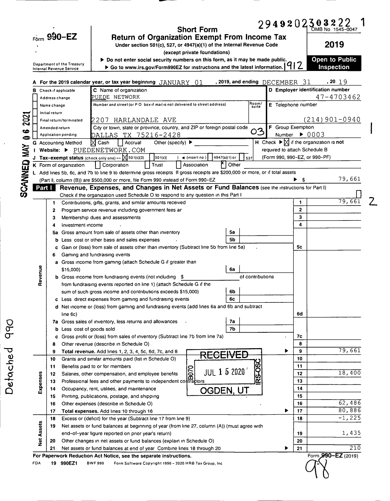 Image of first page of 2019 Form 990EZ for Puede Network