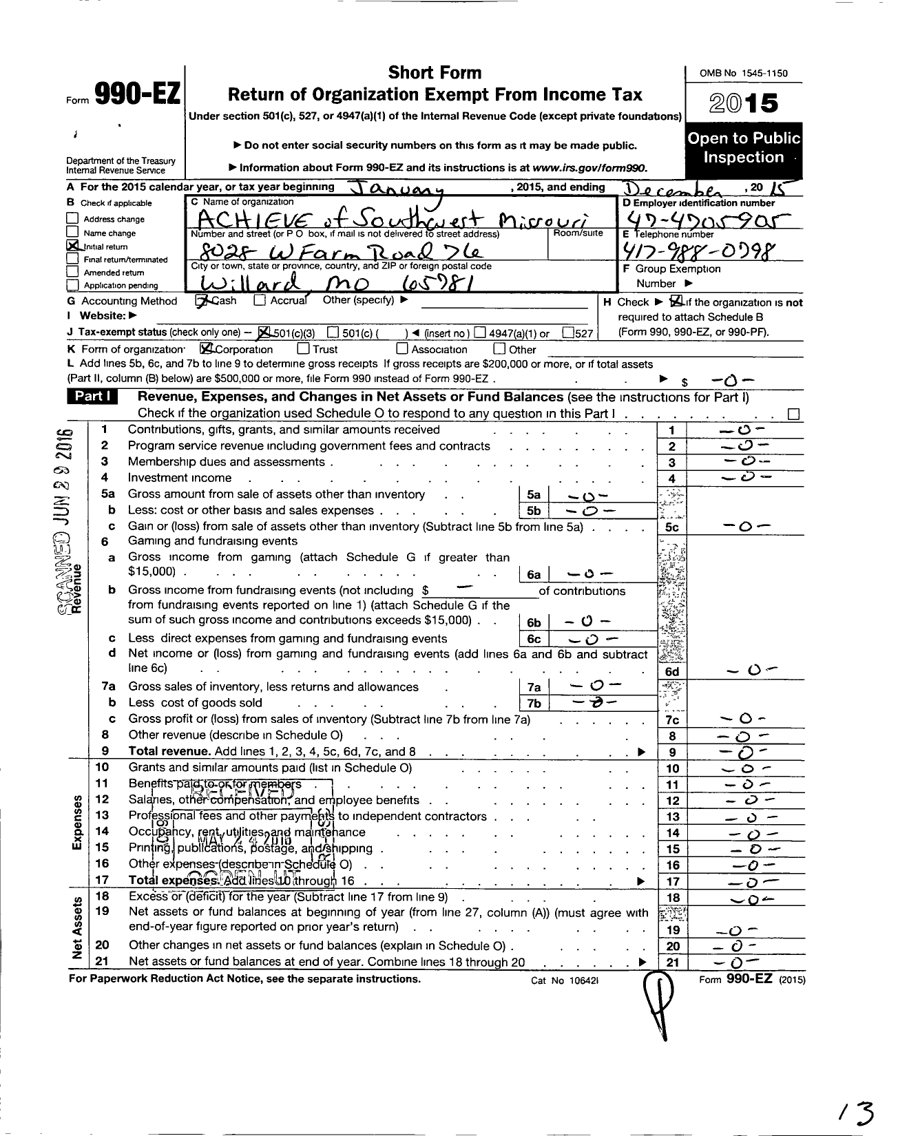 Image of first page of 2015 Form 990EZ for Achieve of Southwest Missouri