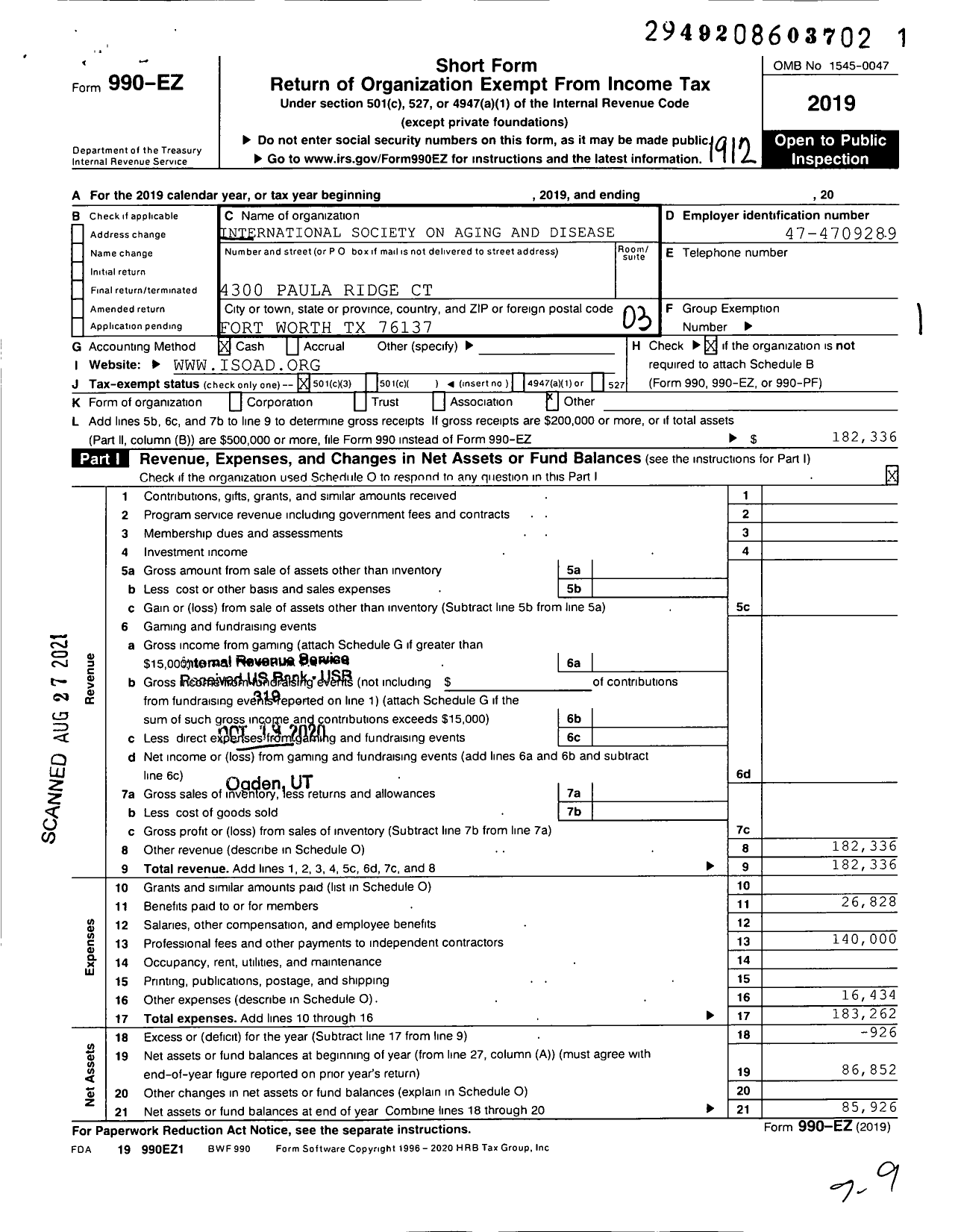 Image of first page of 2019 Form 990EZ for International Society on Aging and Disease