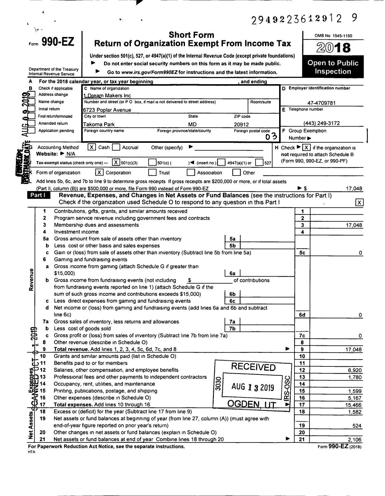 Image of first page of 2018 Form 990EZ for 1 Dream Makers