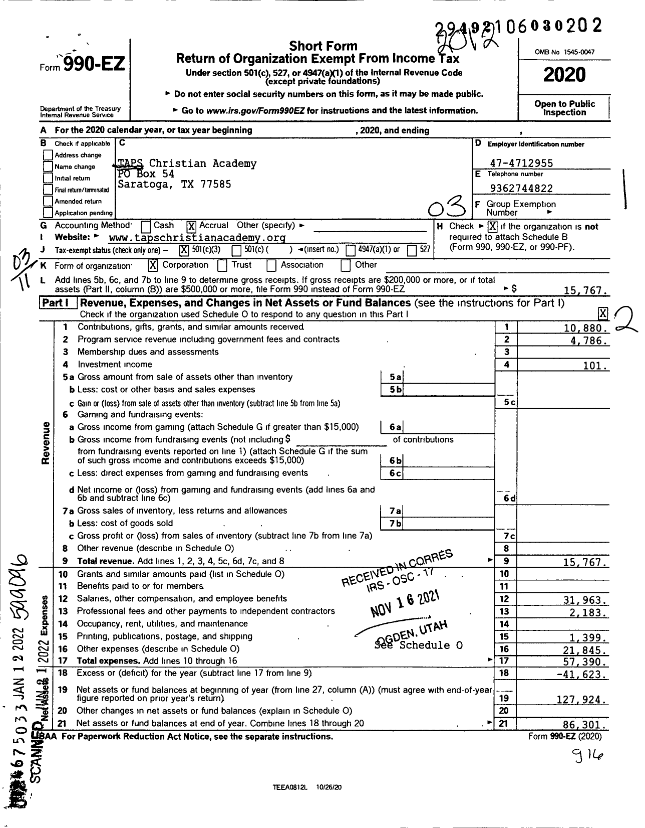 Image of first page of 2020 Form 990EZ for Taps Christian Academy