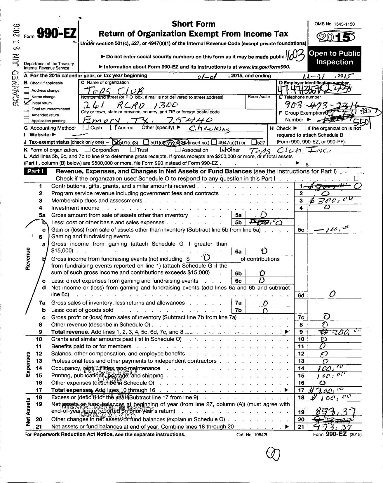 Image of first page of 2015 Form 990EZ for Tops Club - 1244 Emory Tops TX