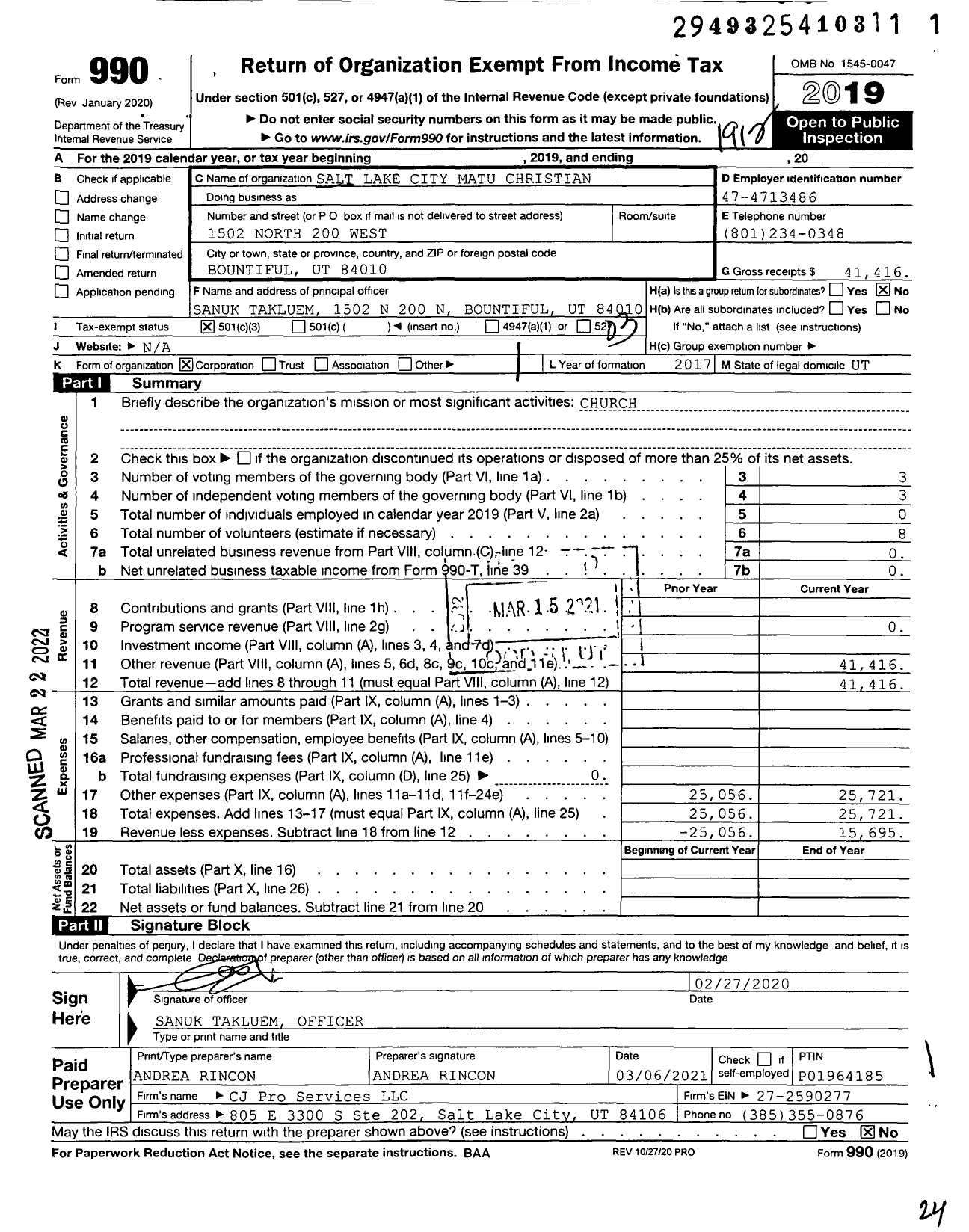 Image of first page of 2019 Form 990 for Salt Lake City Matu Christian