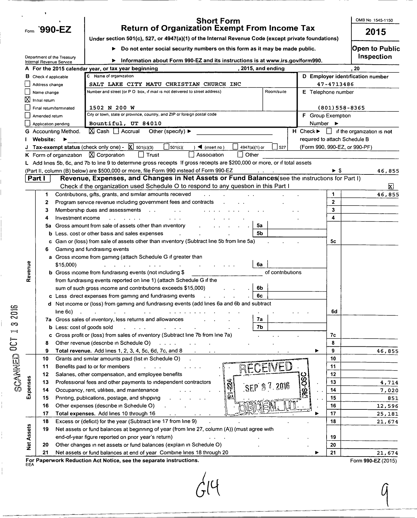 Image of first page of 2015 Form 990EZ for Salt Lake City Matu Christian