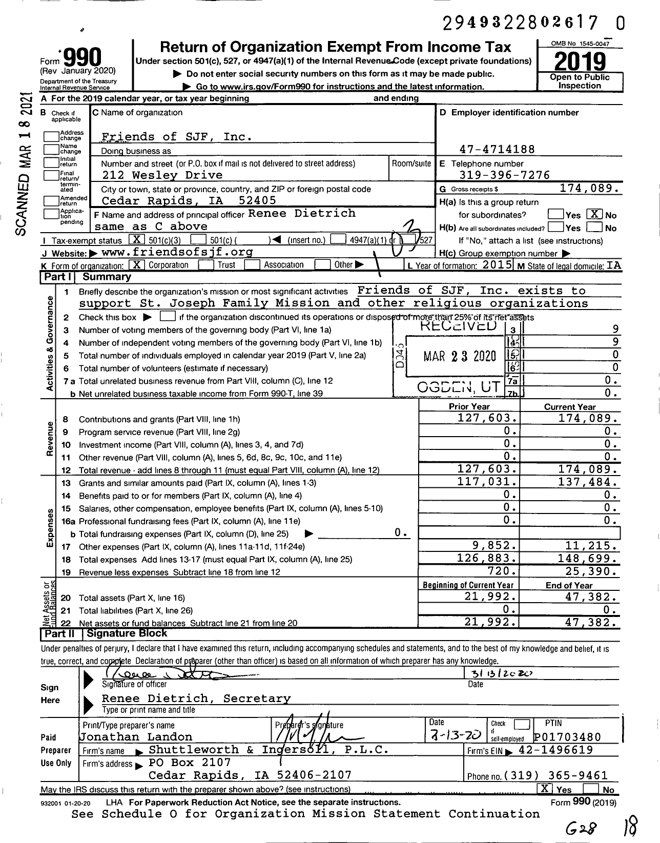 Image of first page of 2019 Form 990 for Friends of SJF