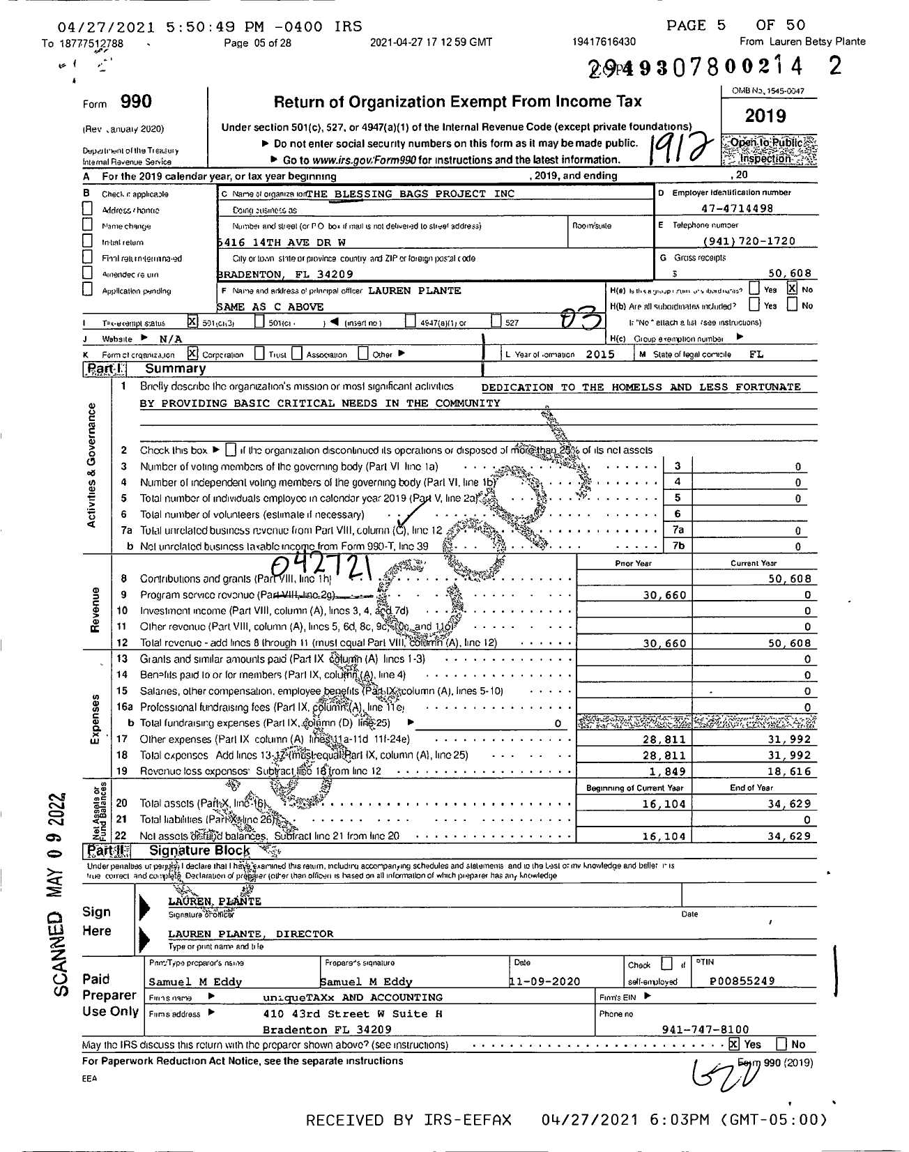 Image of first page of 2019 Form 990 for The Blessing Bags Project