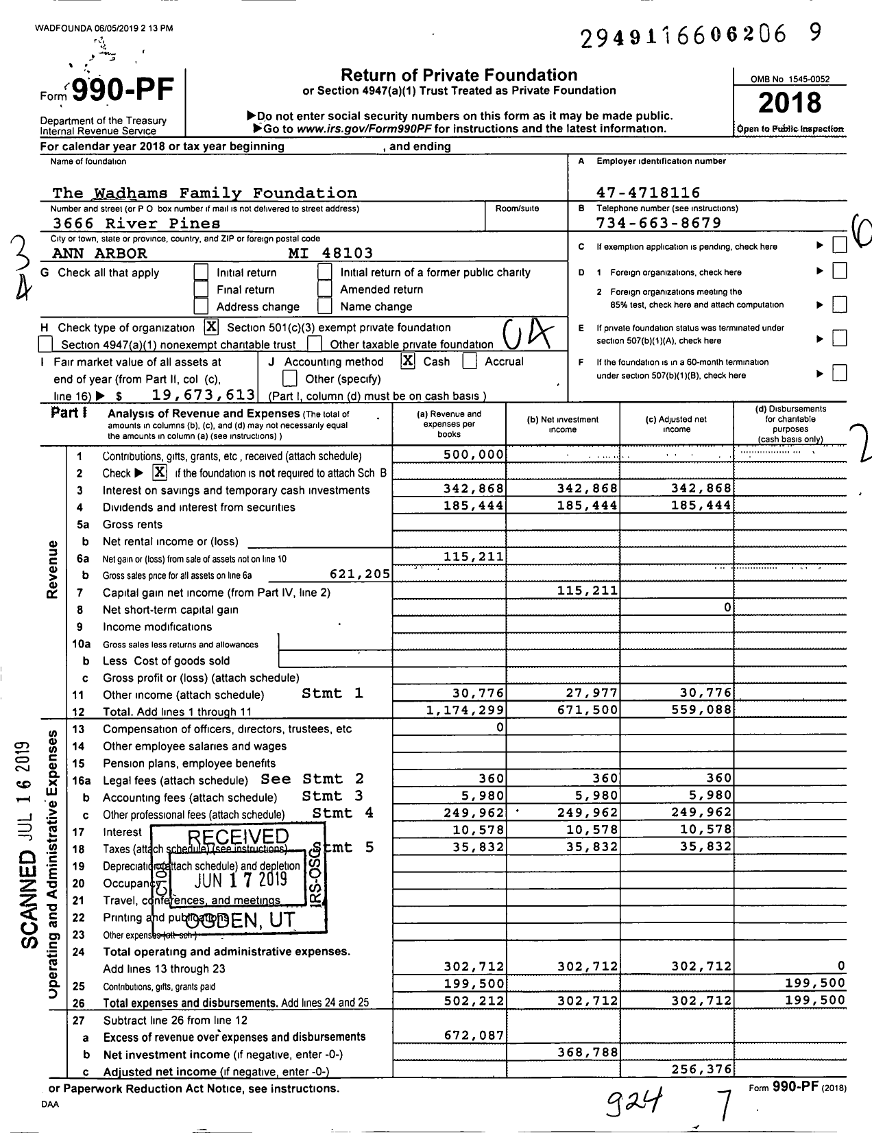 Image of first page of 2018 Form 990PF for The Wadhams Family Foundation