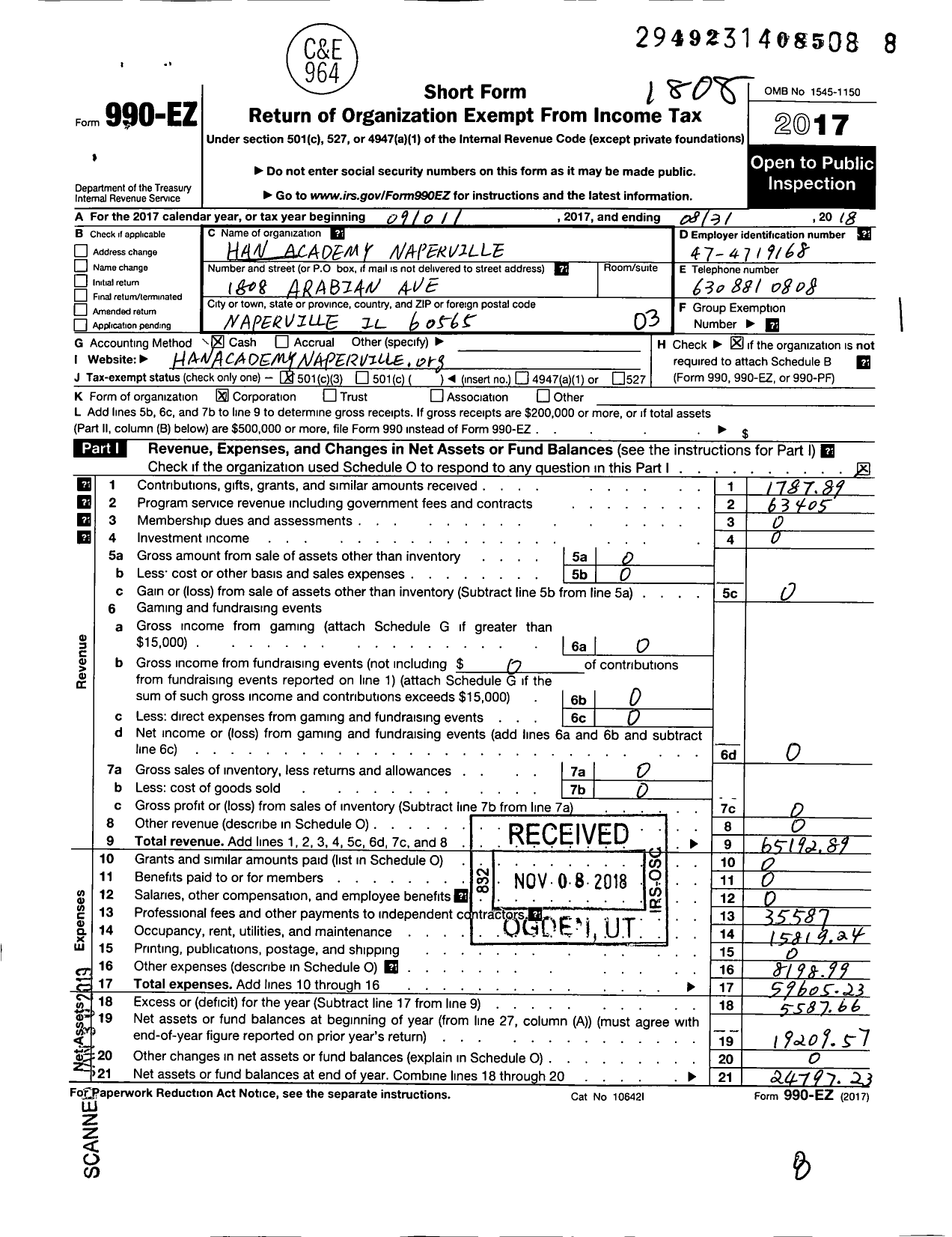 Image of first page of 2017 Form 990EZ for Han Academy Naperville