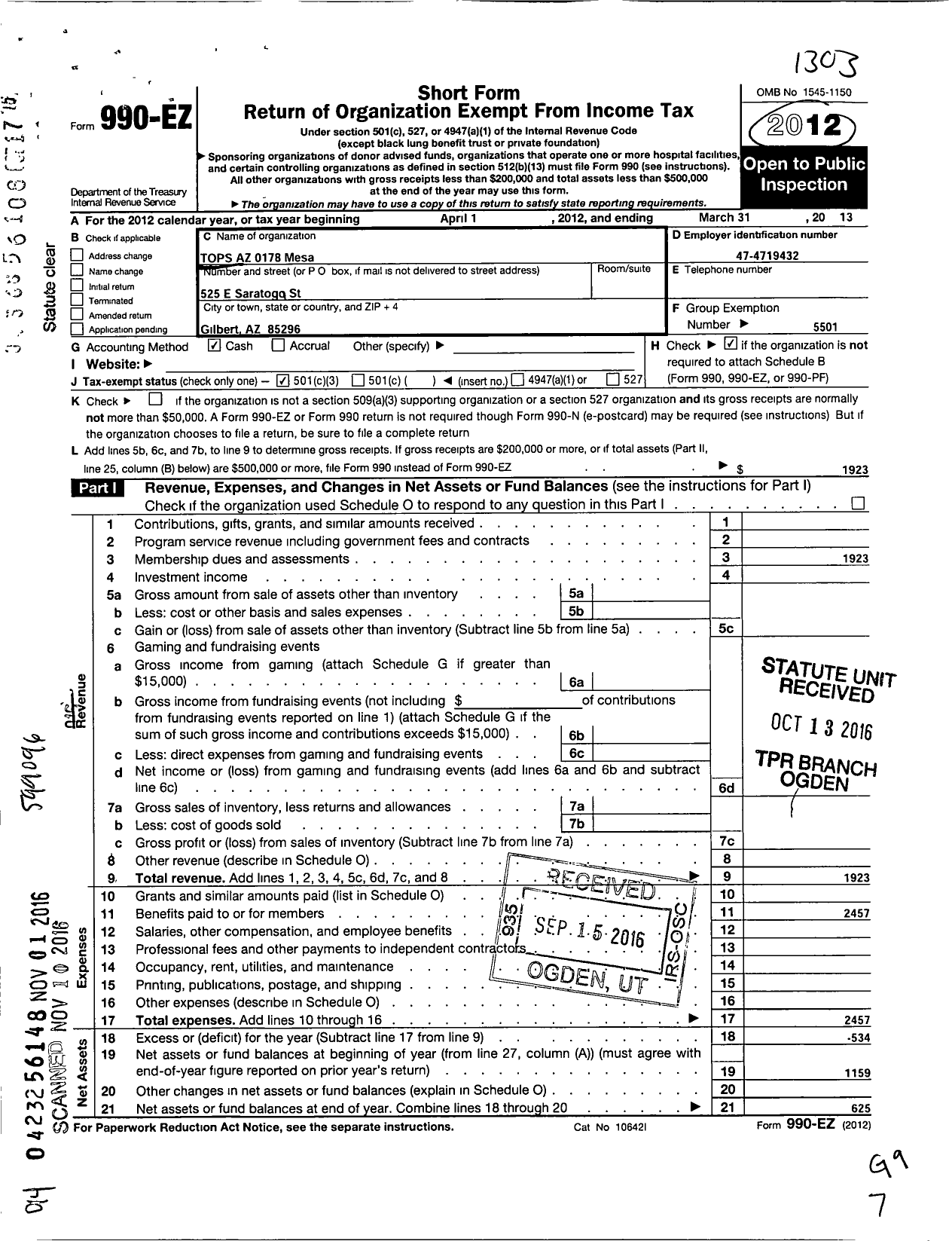 Image of first page of 2012 Form 990EZ for Tops Club - 0178 Mesa Tops Az