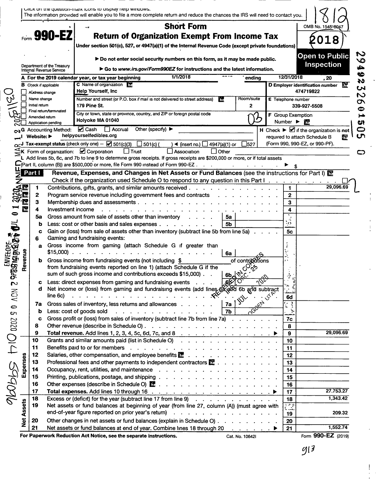 Image of first page of 2018 Form 990EZ for Help Yourself