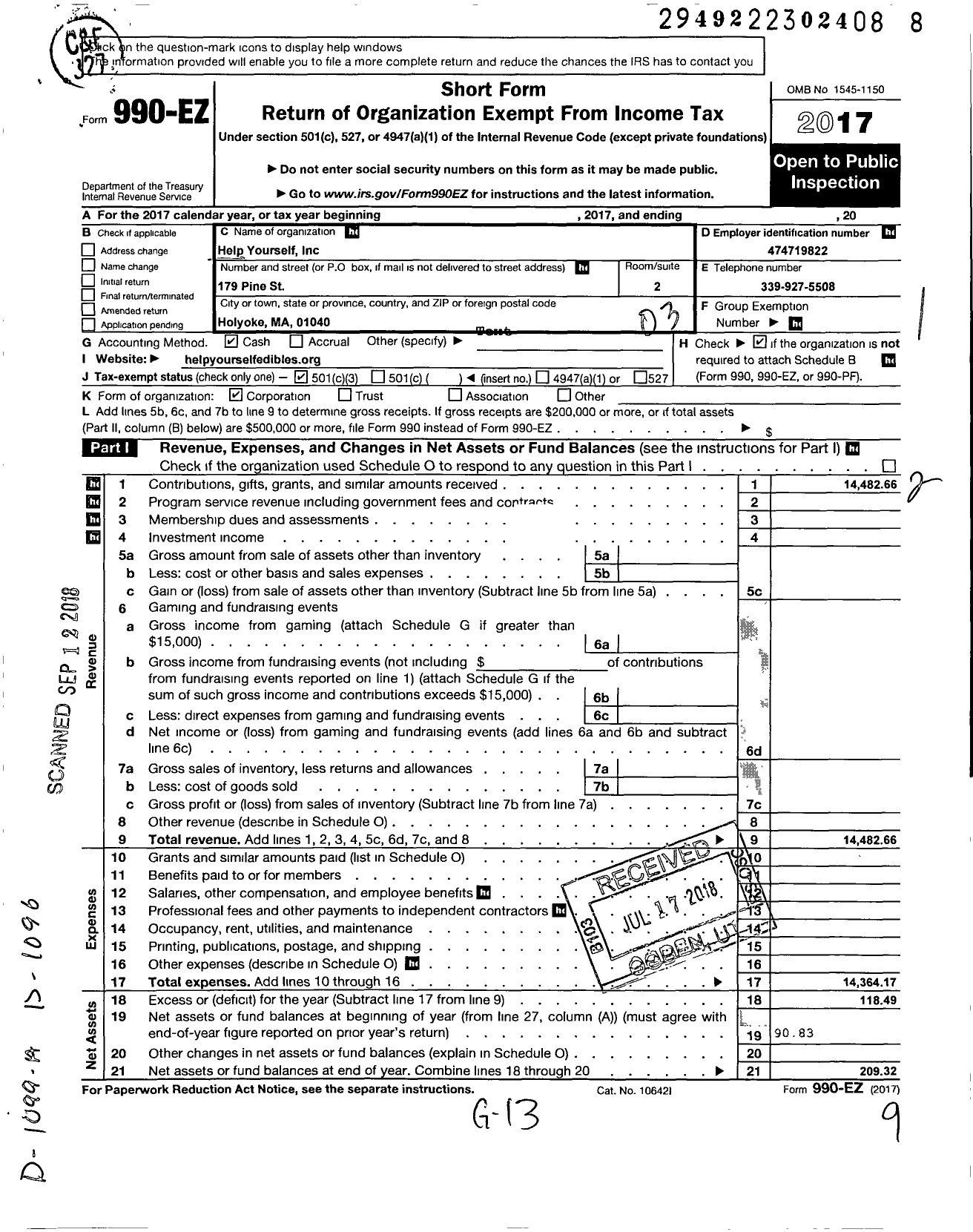 Image of first page of 2017 Form 990EZ for Help Yourself