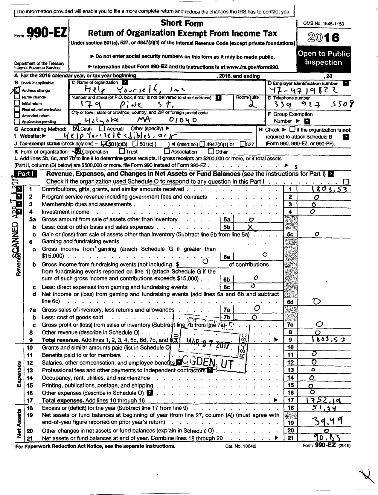 Image of first page of 2016 Form 990EZ for Help Yourself