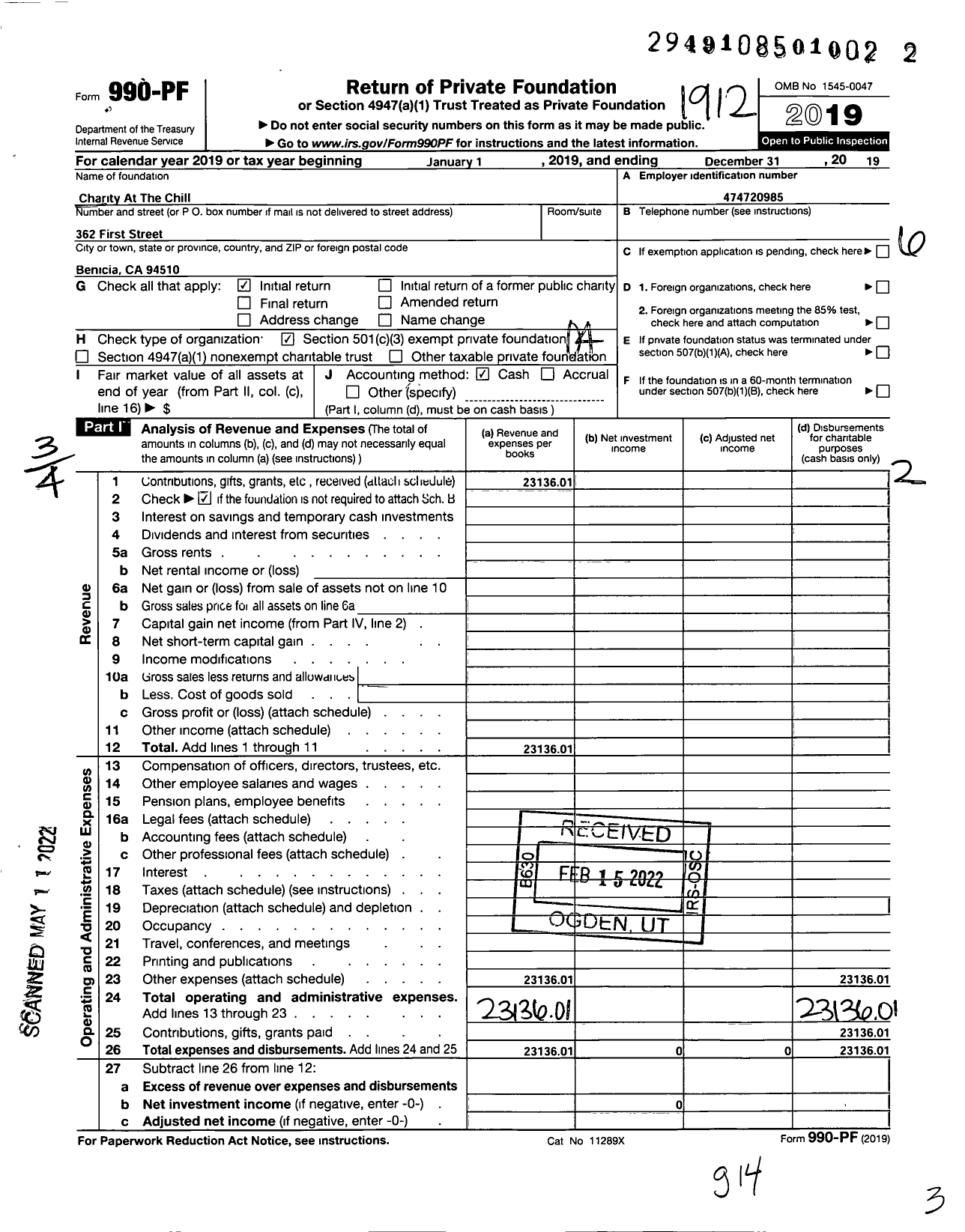 Image of first page of 2019 Form 990PF for Charity at the Chill