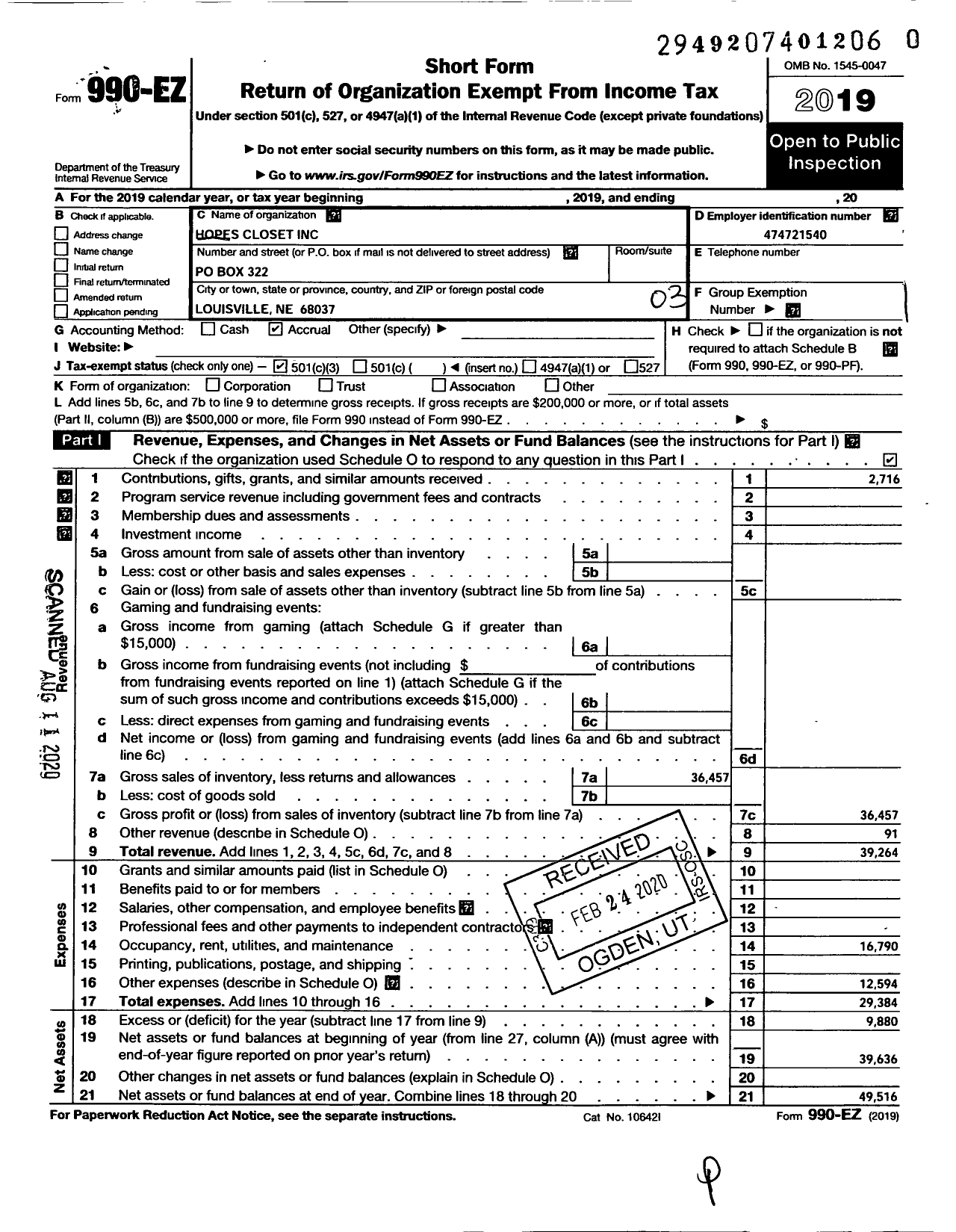 Image of first page of 2019 Form 990EZ for Hopes Closet