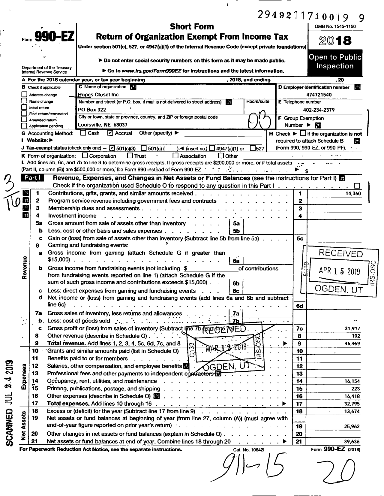 Image of first page of 2018 Form 990EZ for Hopes Closet