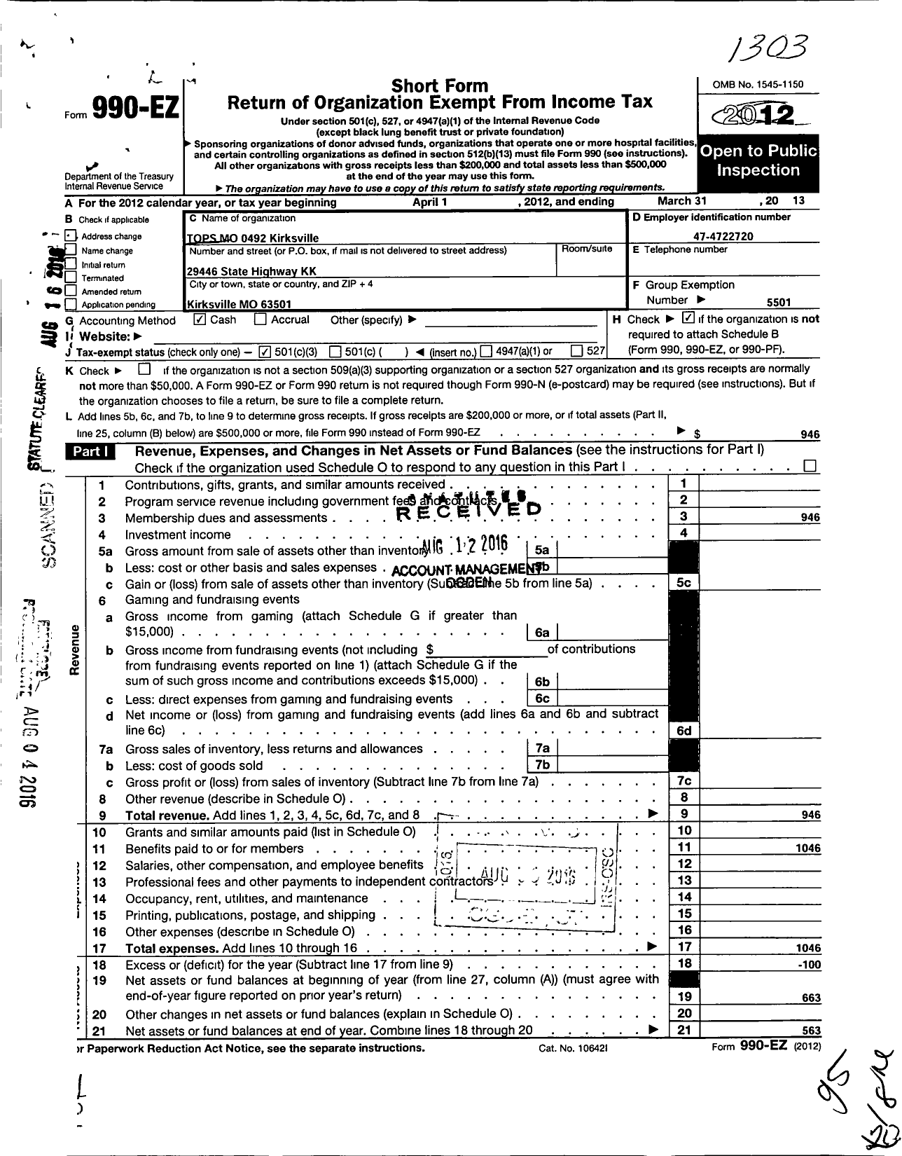 Image of first page of 2012 Form 990EZ for Tops Club - 0492 Kirksville Tops Mo