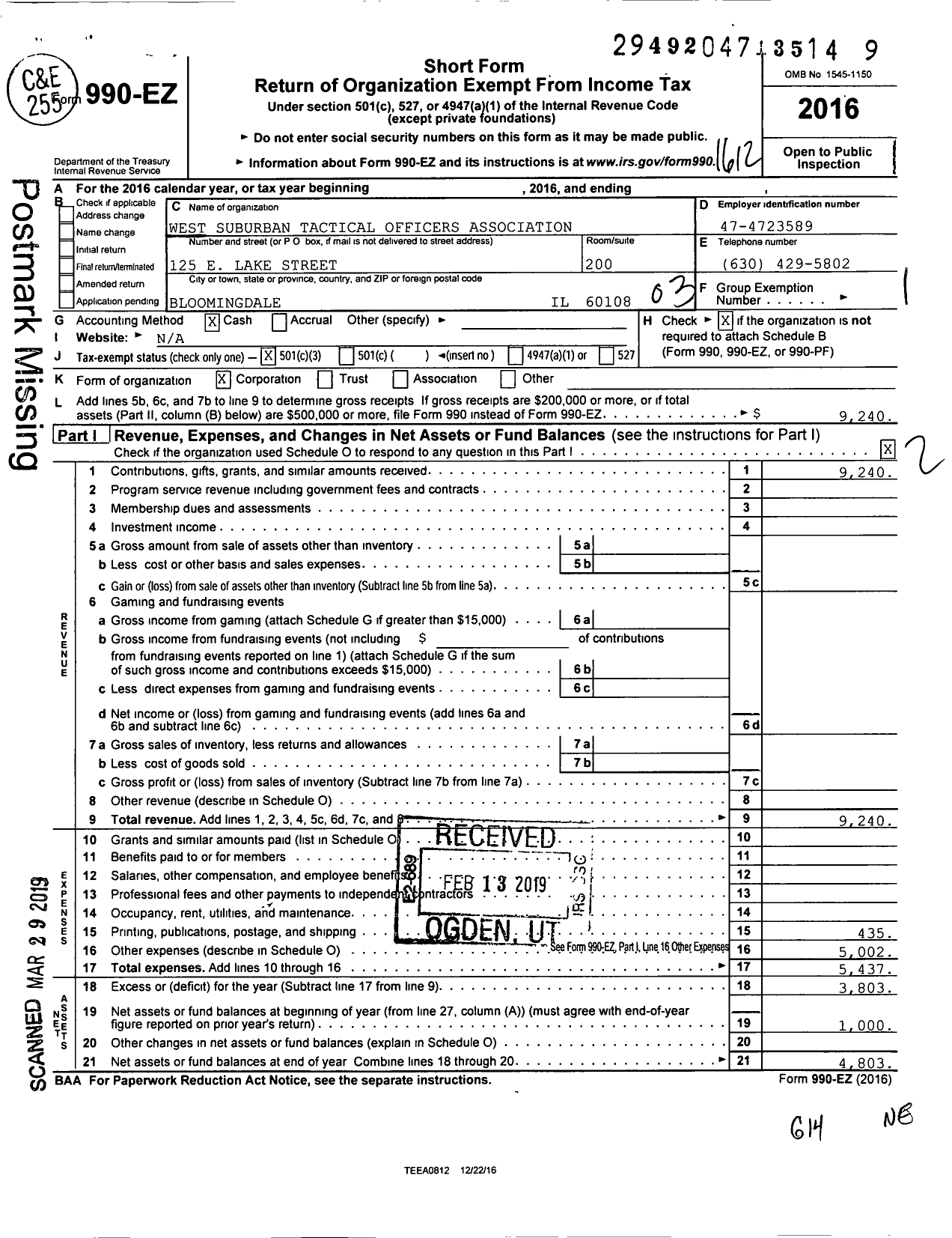 Image of first page of 2016 Form 990EZ for West Suburban Tactical Officers Association