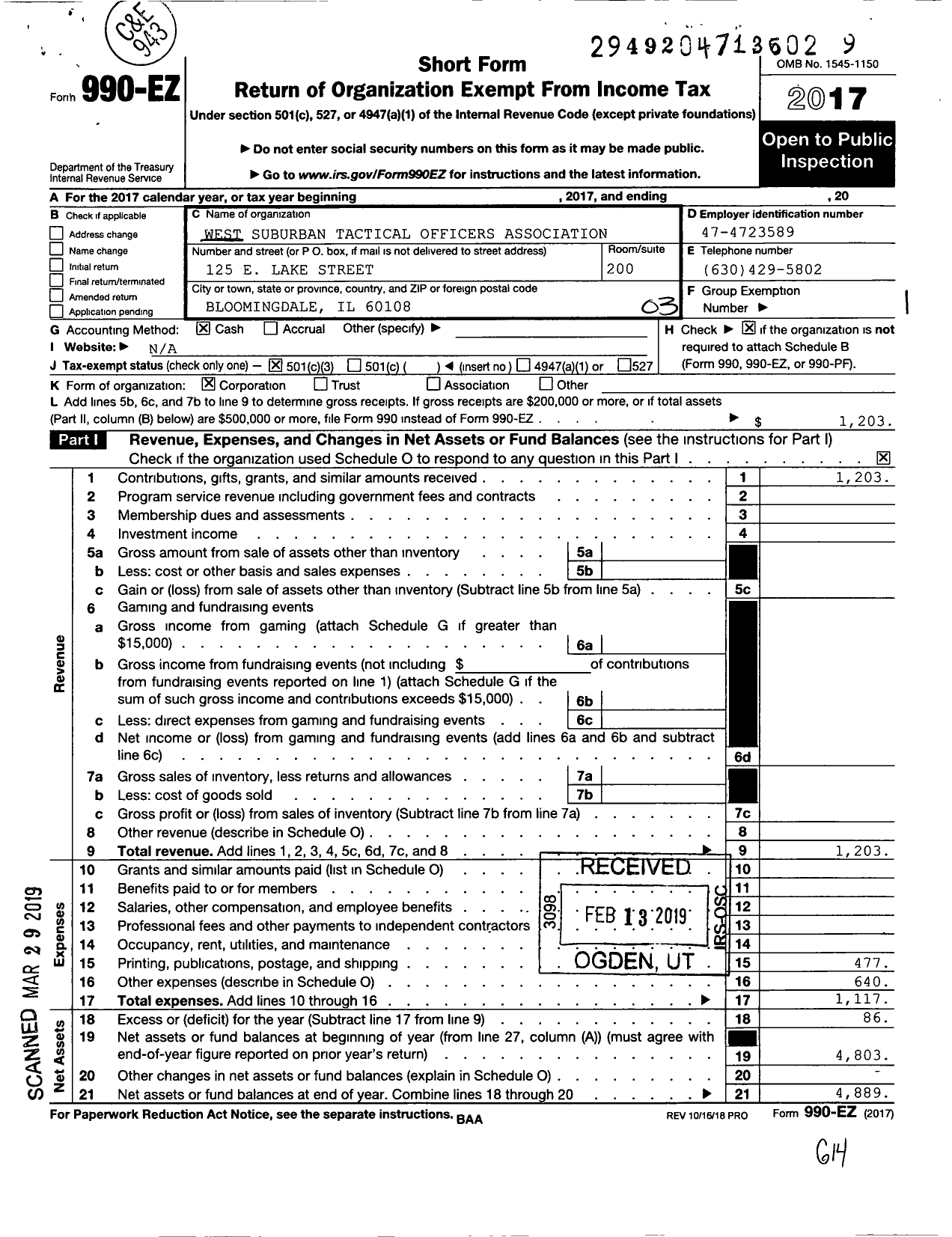 Image of first page of 2017 Form 990EZ for West Suburban Tactical Officers Association