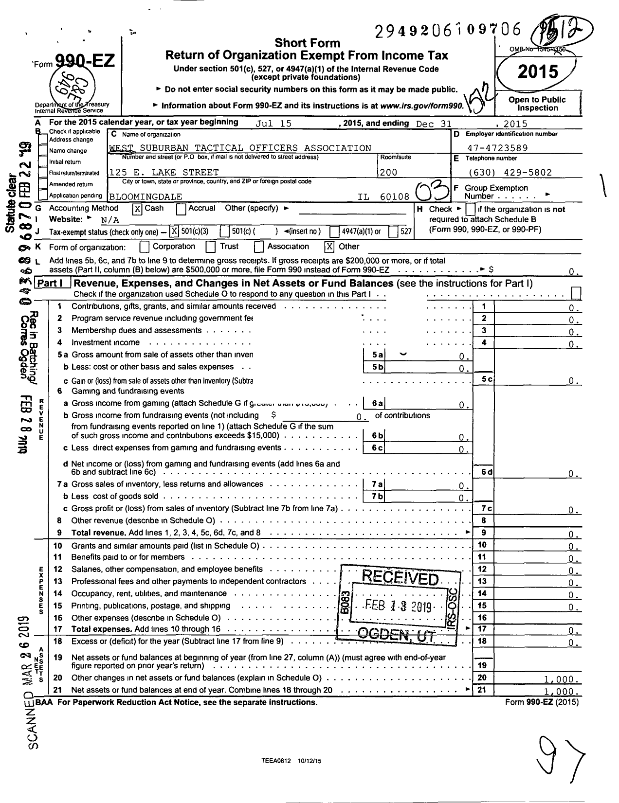 Image of first page of 2015 Form 990EZ for West Suburban Tactical Officers Association