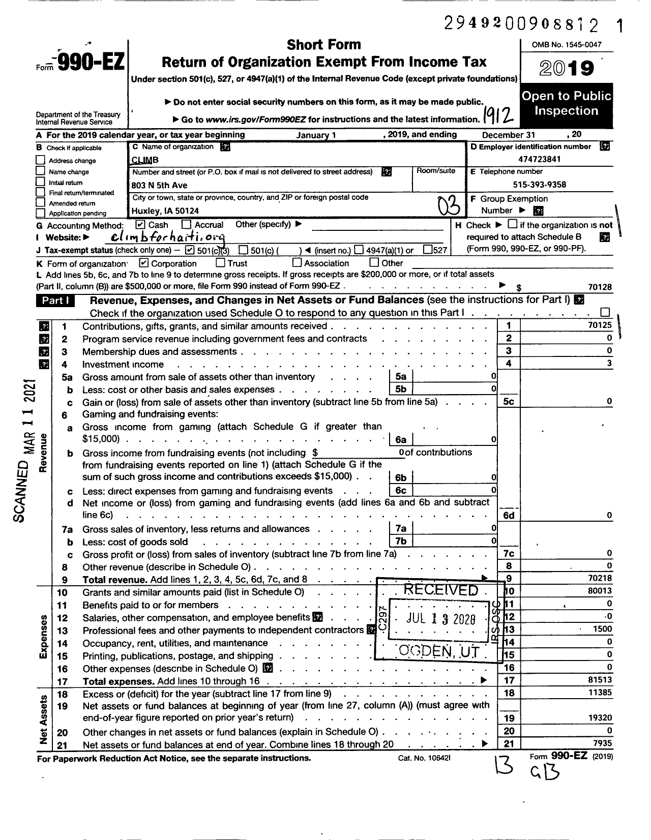 Image of first page of 2019 Form 990EZ for Climb