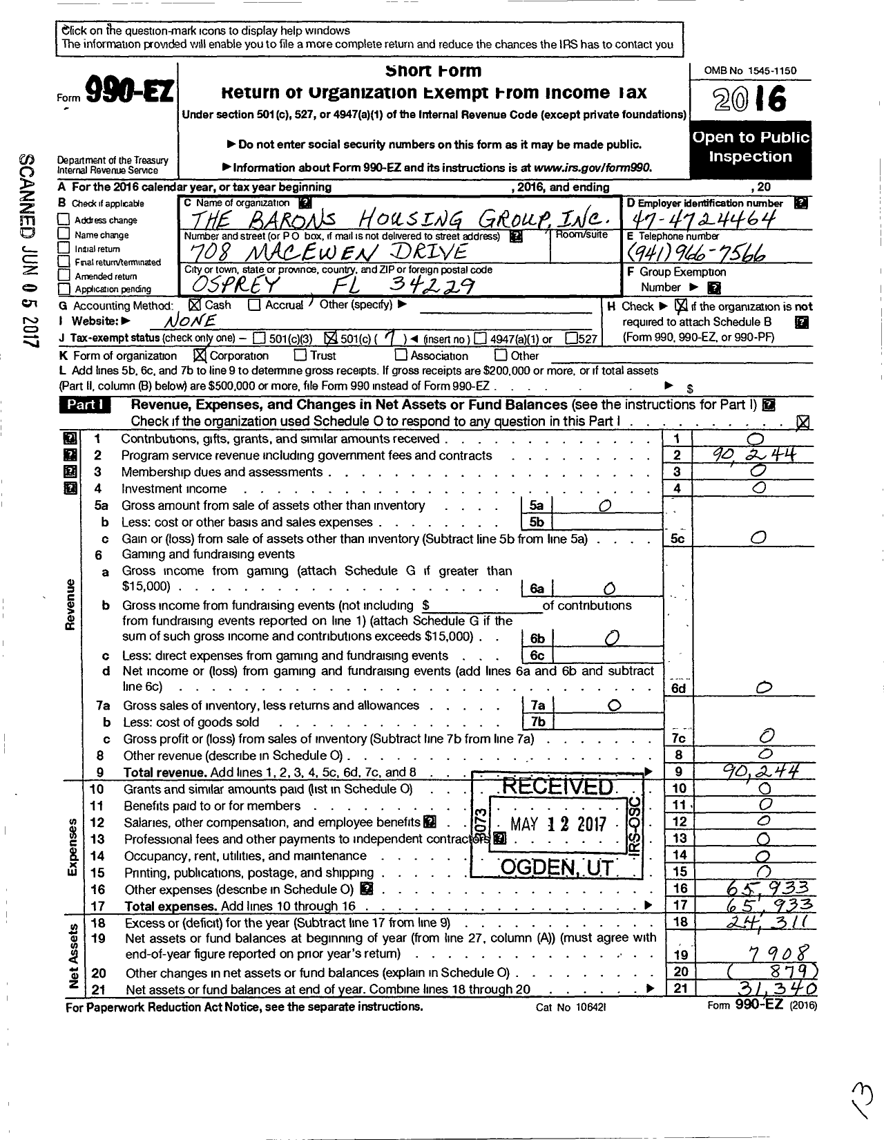 Image of first page of 2016 Form 990EO for Baron's Housing Group