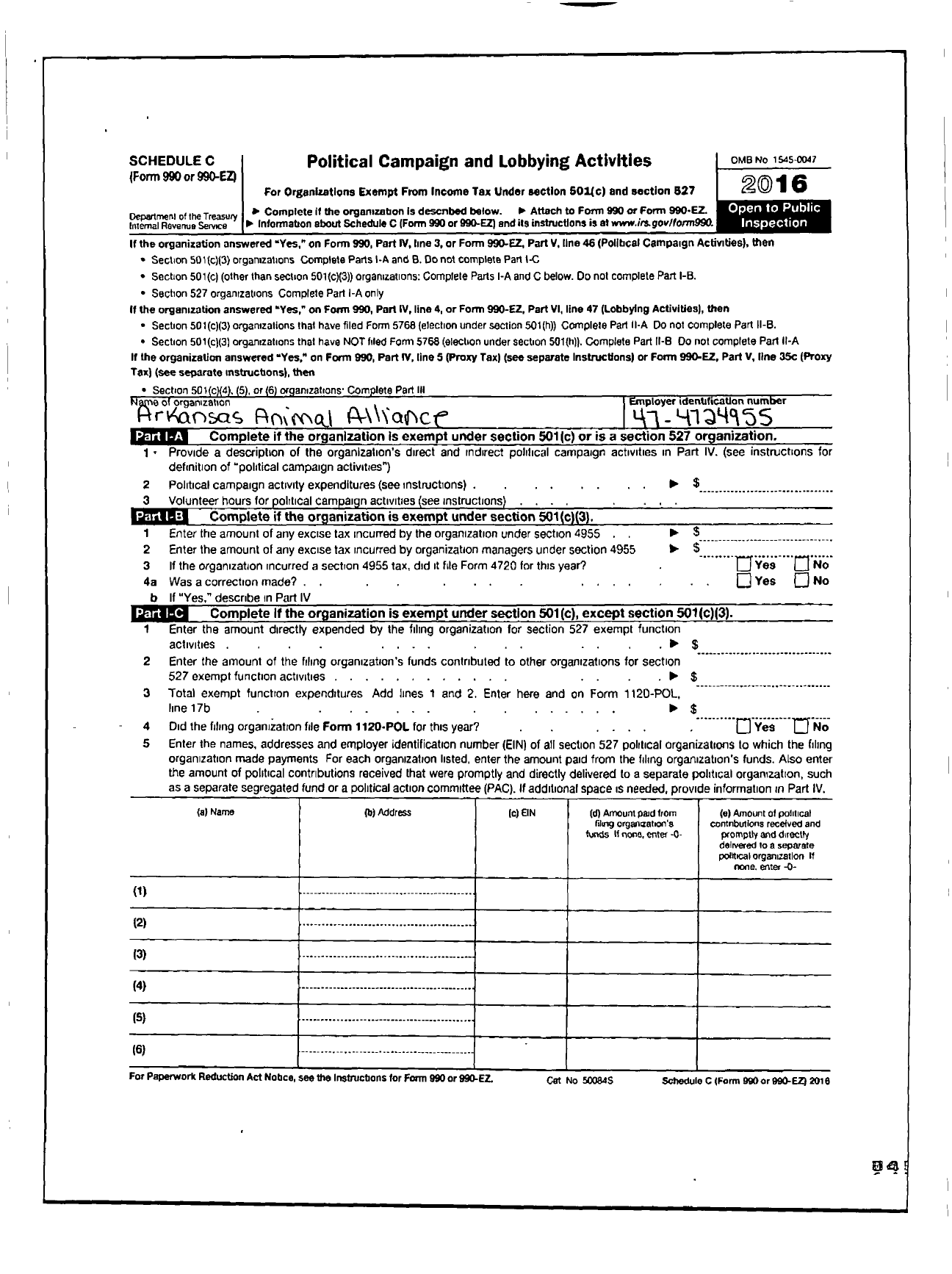 Image of first page of 2016 Form 990ER for Arkansas Animal Alliance