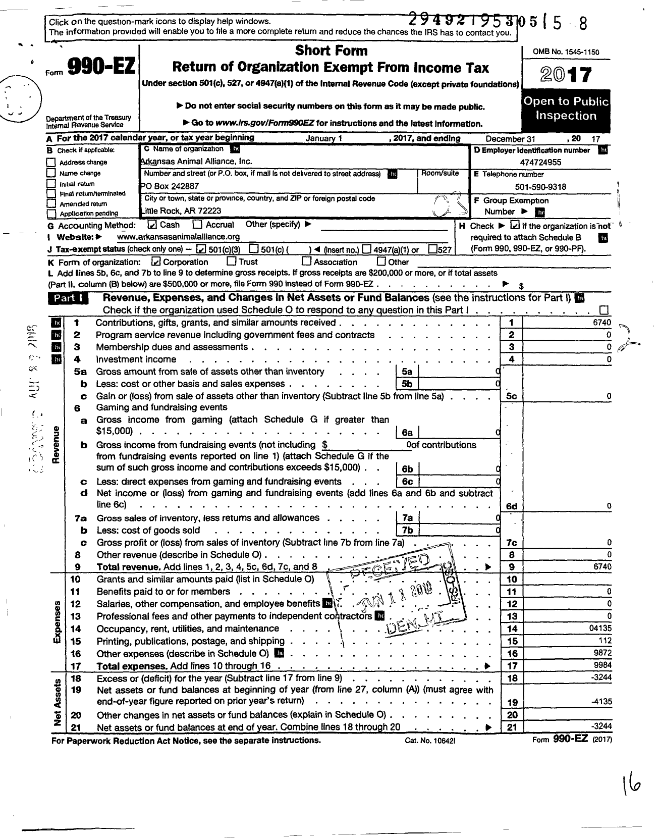 Image of first page of 2017 Form 990EZ for Arkansas Animal Alliance