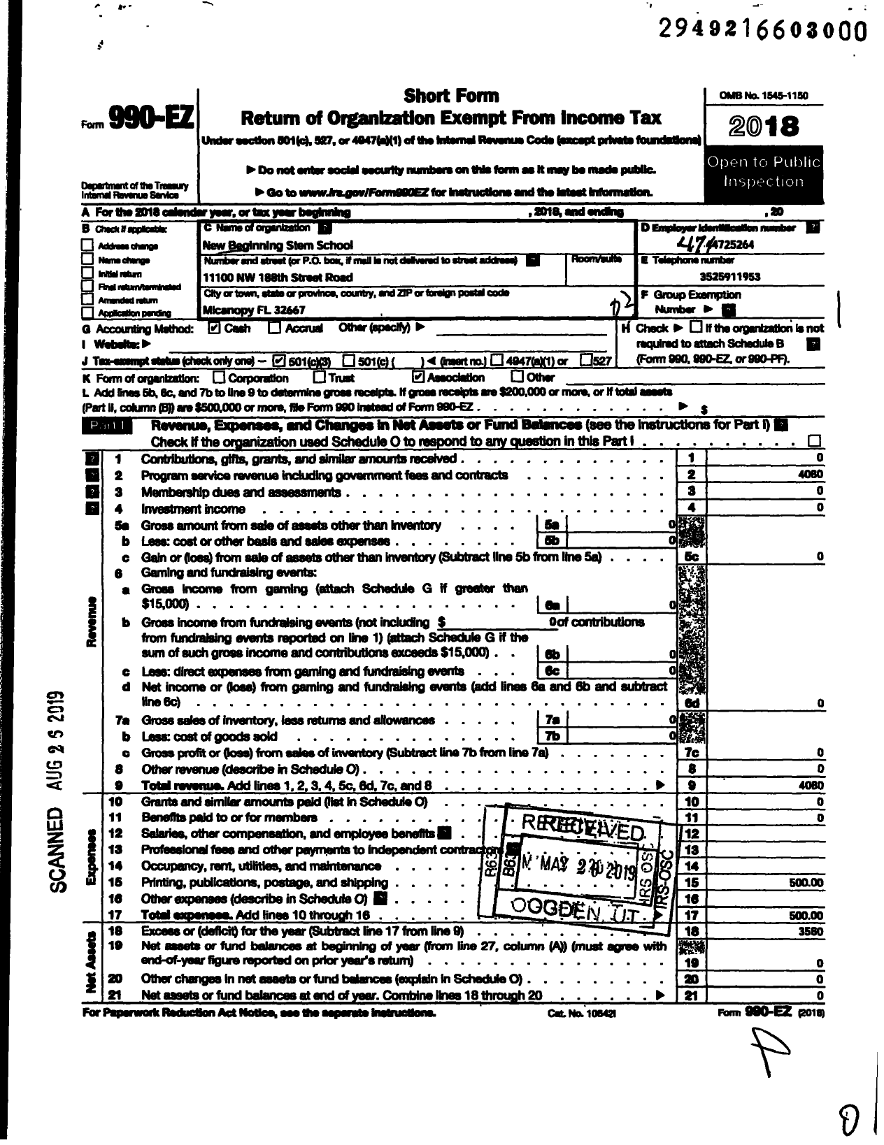 Image of first page of 2018 Form 990EZ for New Beginning Stem School Organization