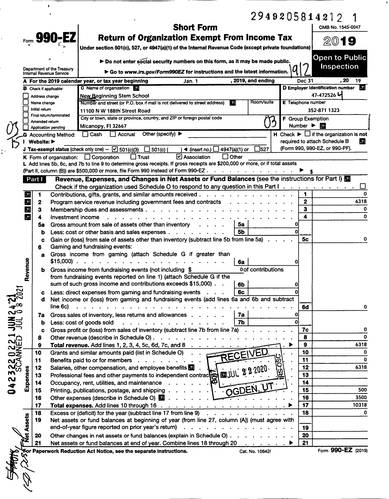 Image of first page of 2019 Form 990EZ for New Beginning Stem School Organization