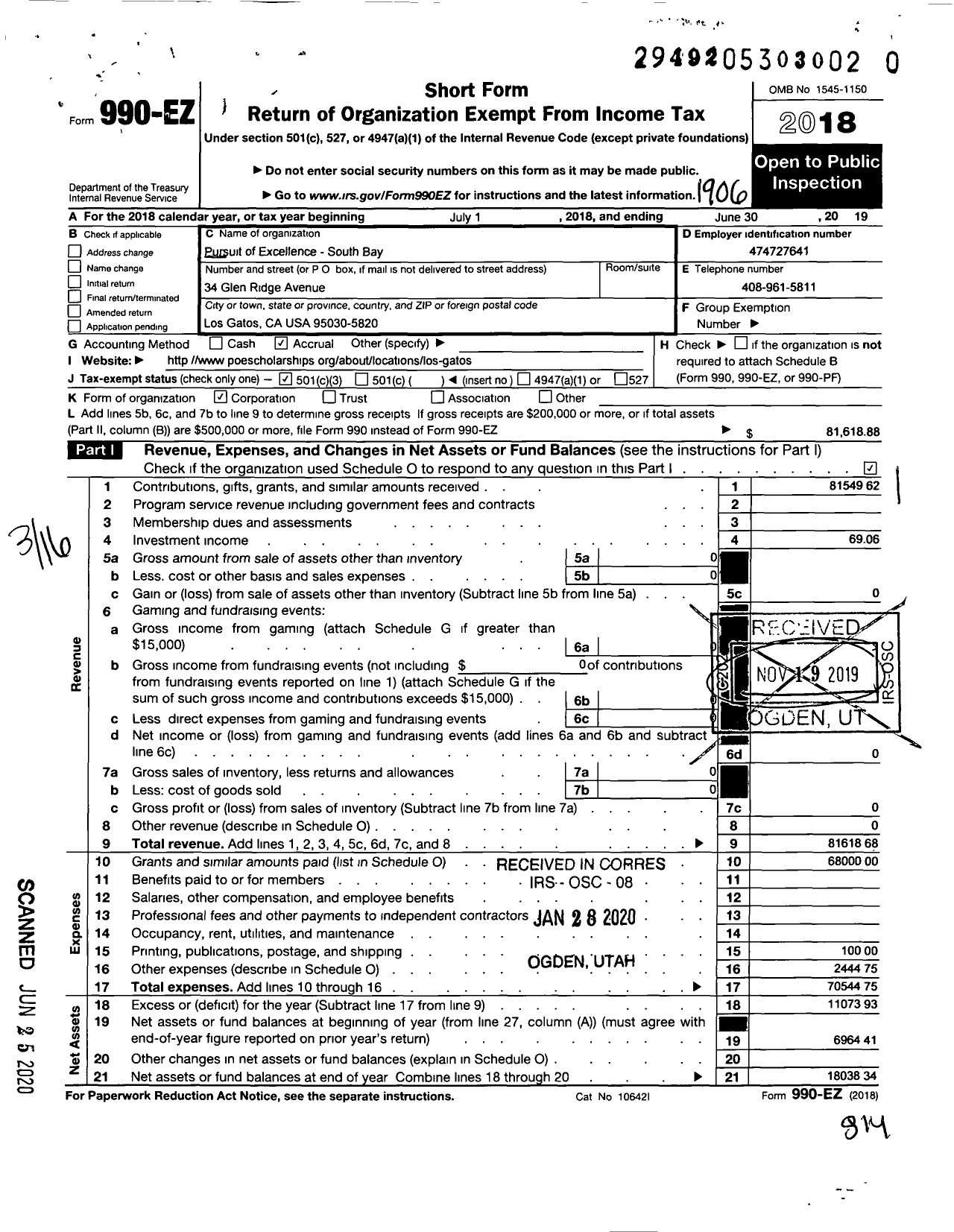 Image of first page of 2018 Form 990EZ for Pursuit of Excellence - South Bay