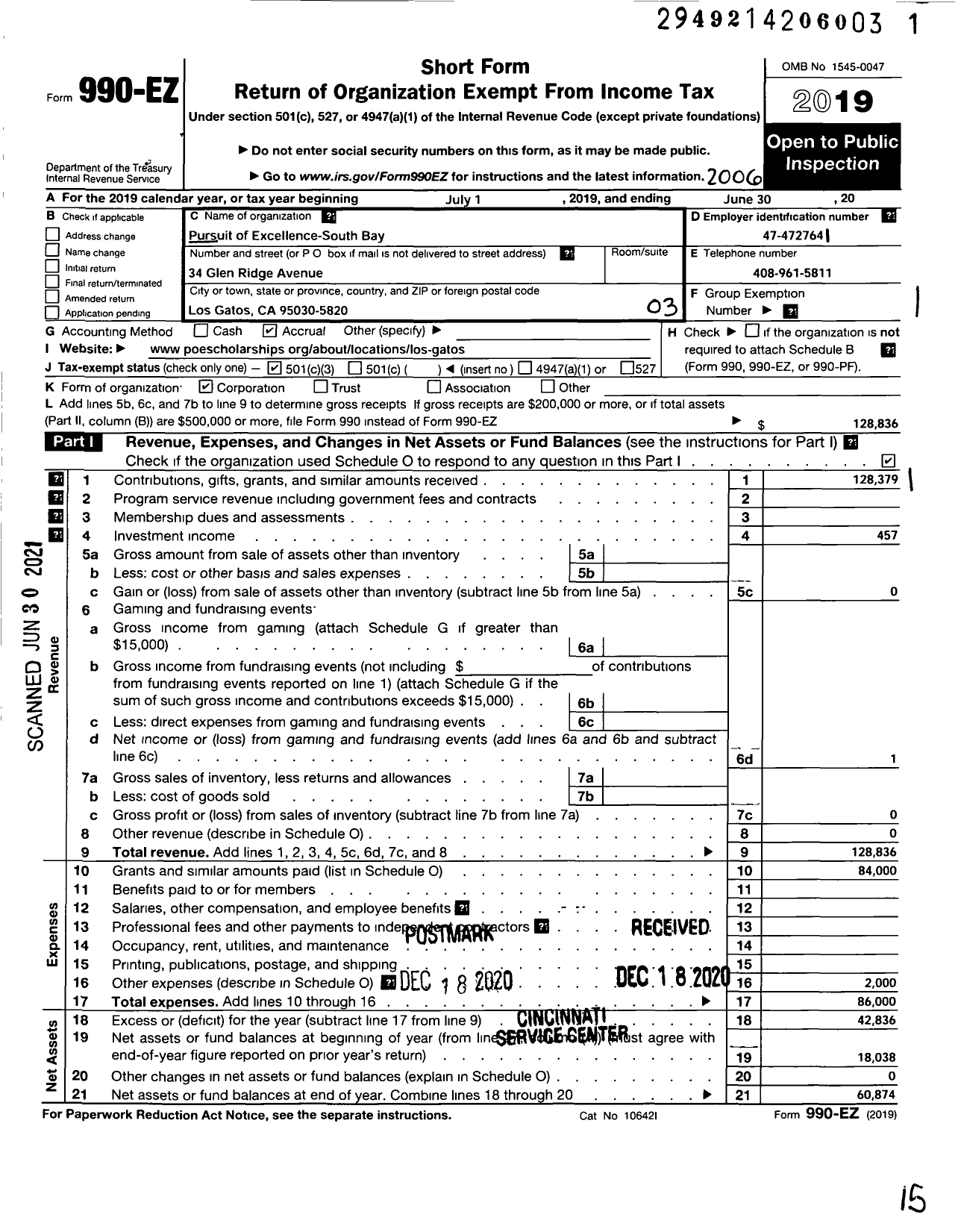 Image of first page of 2019 Form 990EZ for Pursuit of Excellence - South Bay