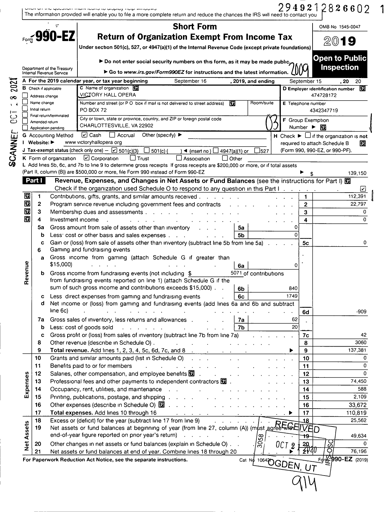 Image of first page of 2019 Form 990EZ for Victory Hall Opera