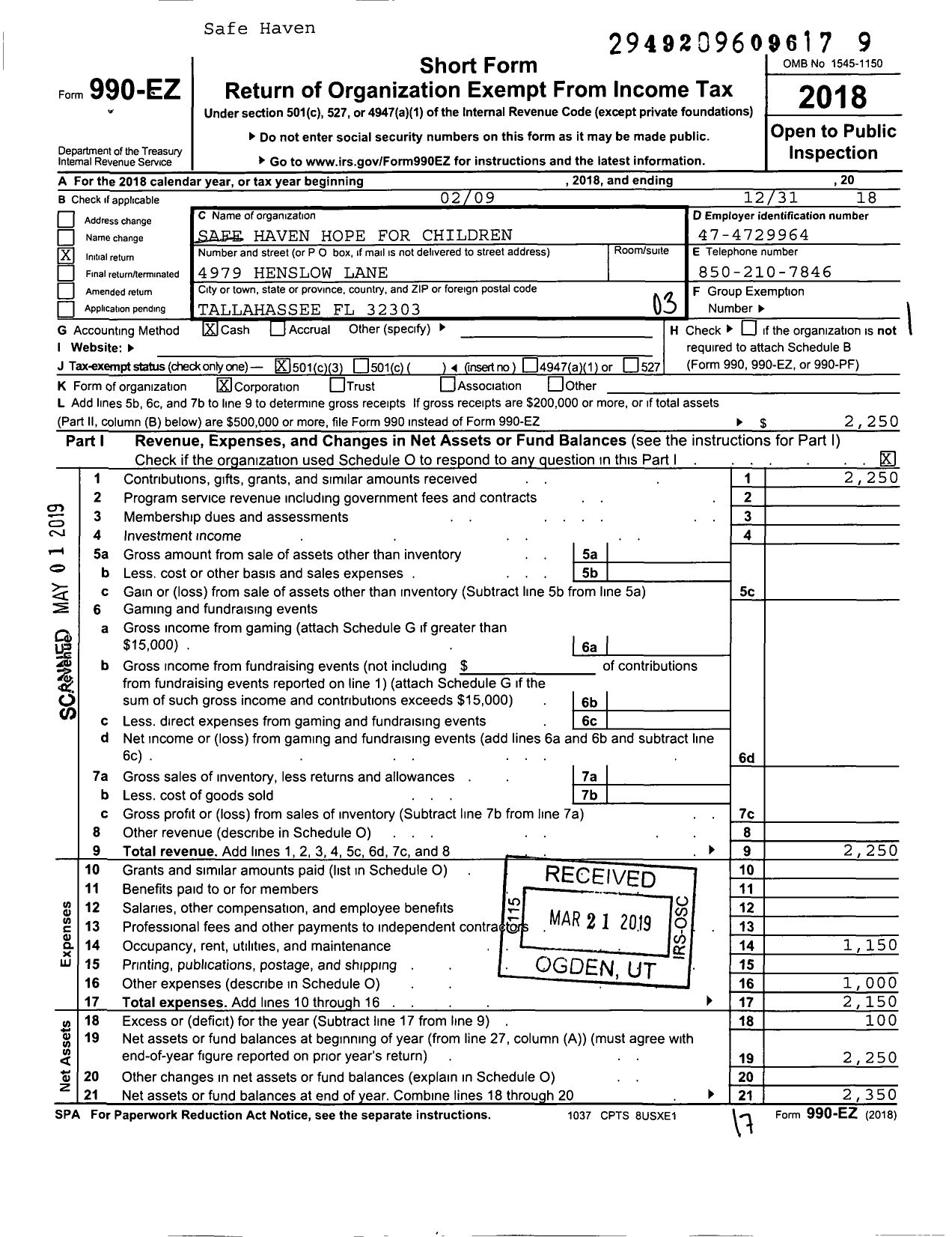 Image of first page of 2018 Form 990EZ for NATURAL MEN AND NATURAL WOMEN ORGANIZATION Safe Haven Hope for Children