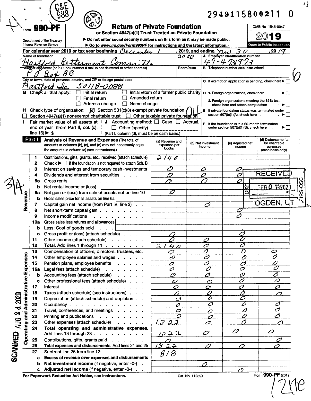 Image of first page of 2018 Form 990PR for Hartford Betterment Committee