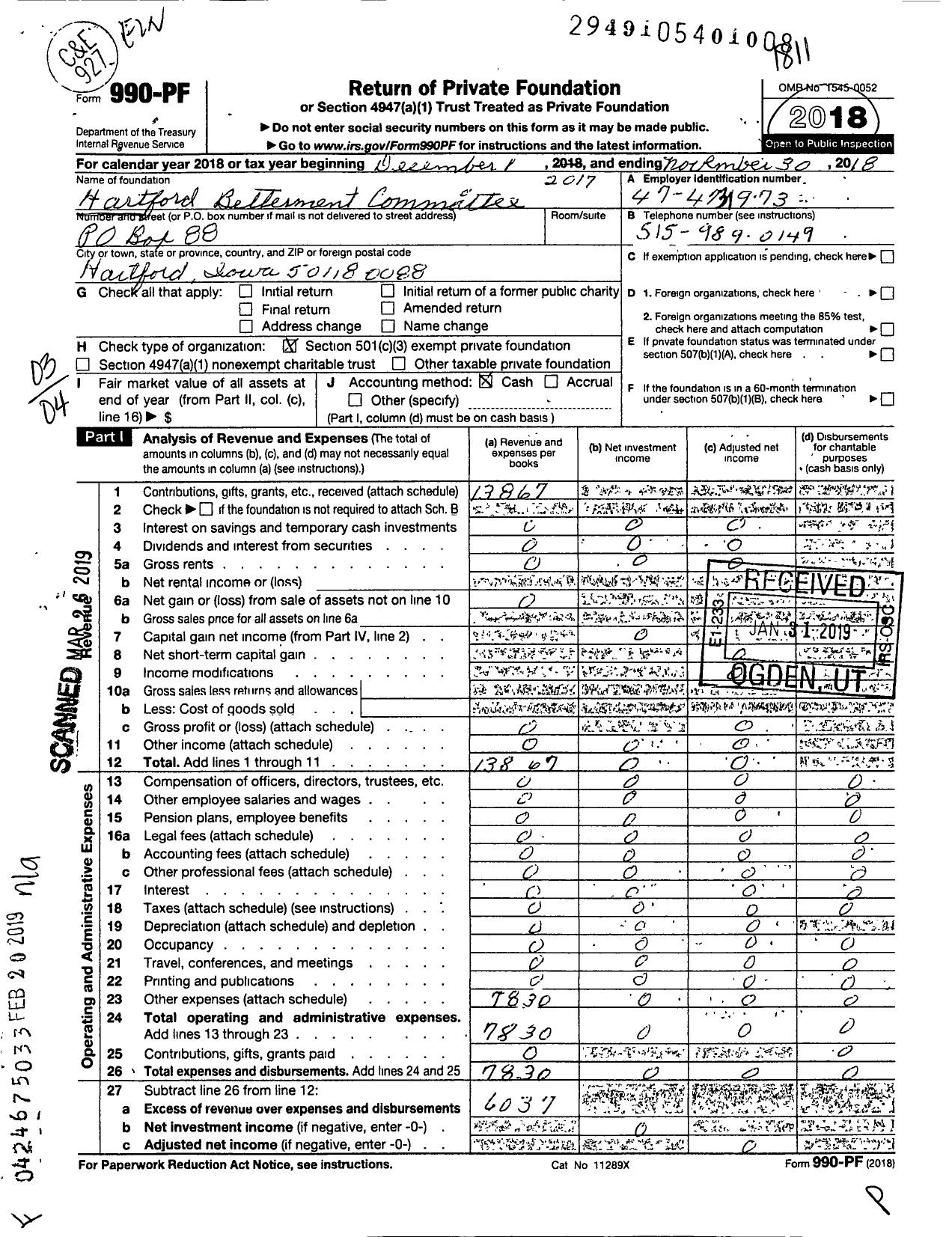 Image of first page of 2017 Form 990PF for Hartford Betterment Committee