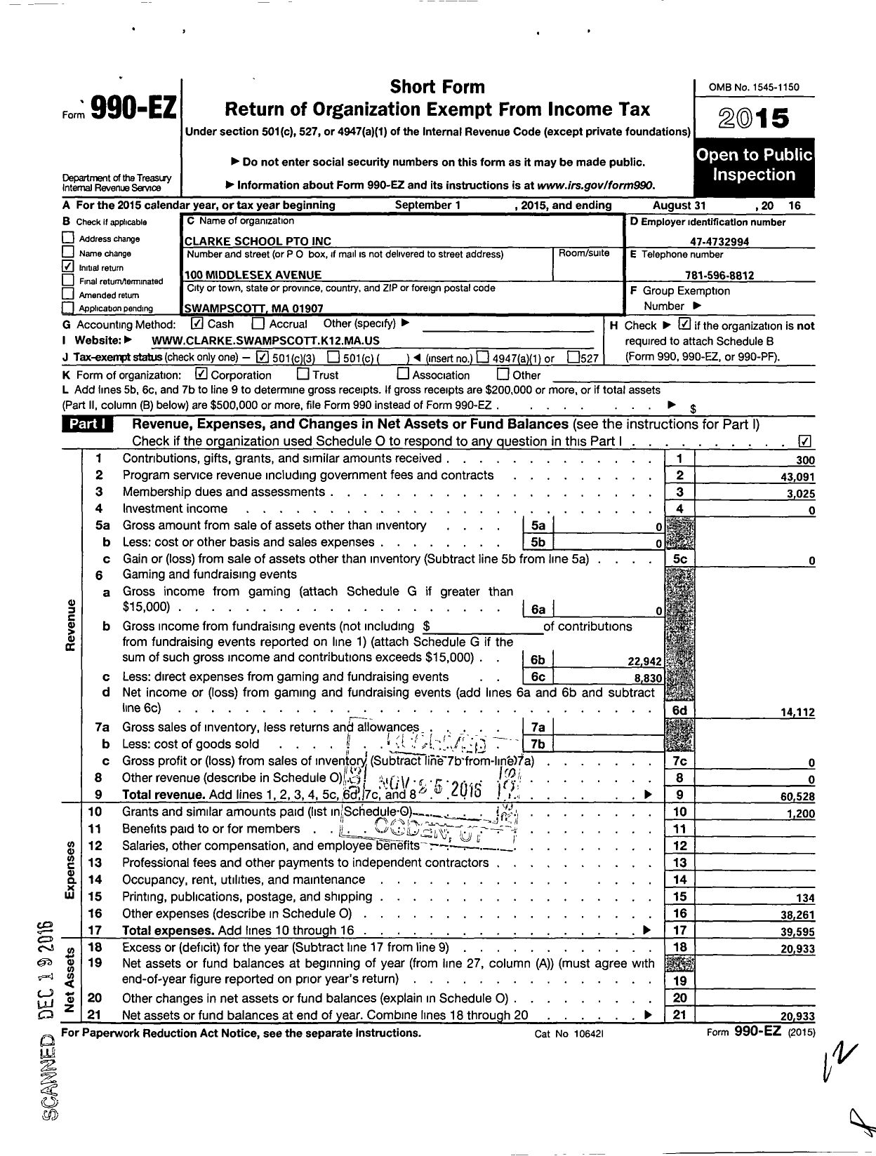 Image of first page of 2015 Form 990EZ for CLARKe SCHOOL PTO