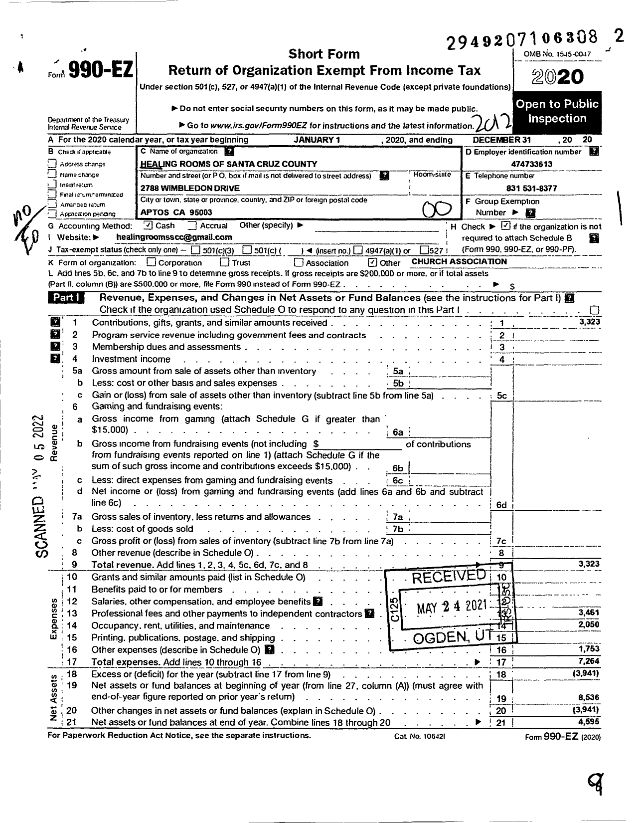 Image of first page of 2020 Form 990EO for Healing Rooms of Santa Cruz County