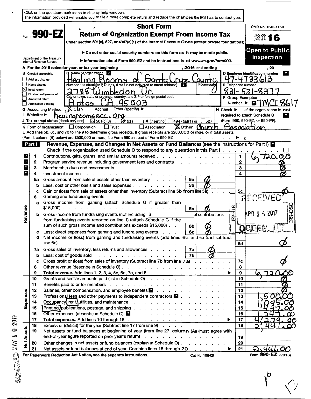 Image of first page of 2016 Form 990EZ for Healing Rooms of Santa Cruz County