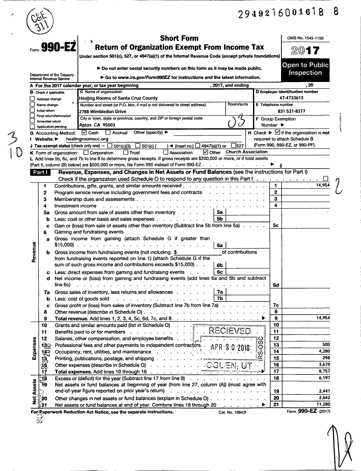 Image of first page of 2017 Form 990EZ for Healing Rooms of Santa Cruz County