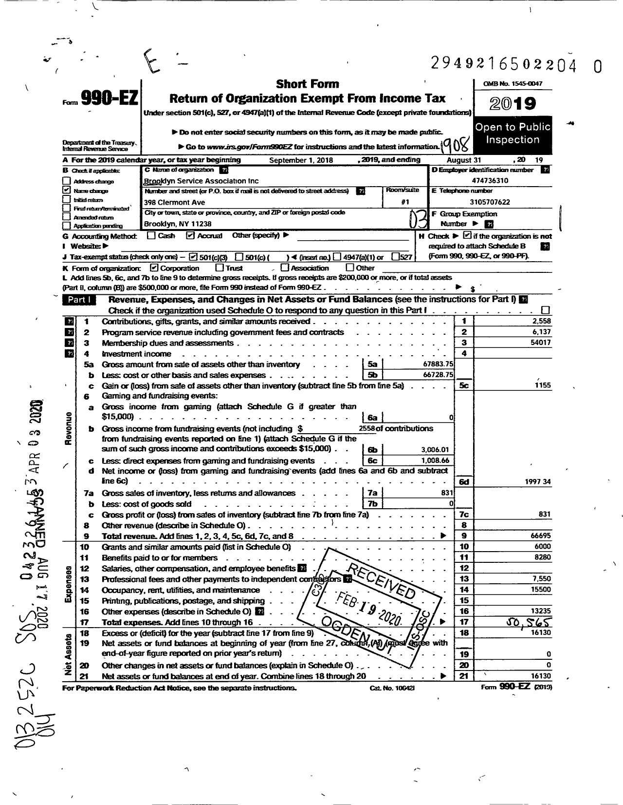 Image of first page of 2018 Form 990EZ for Brooklyn Service Association