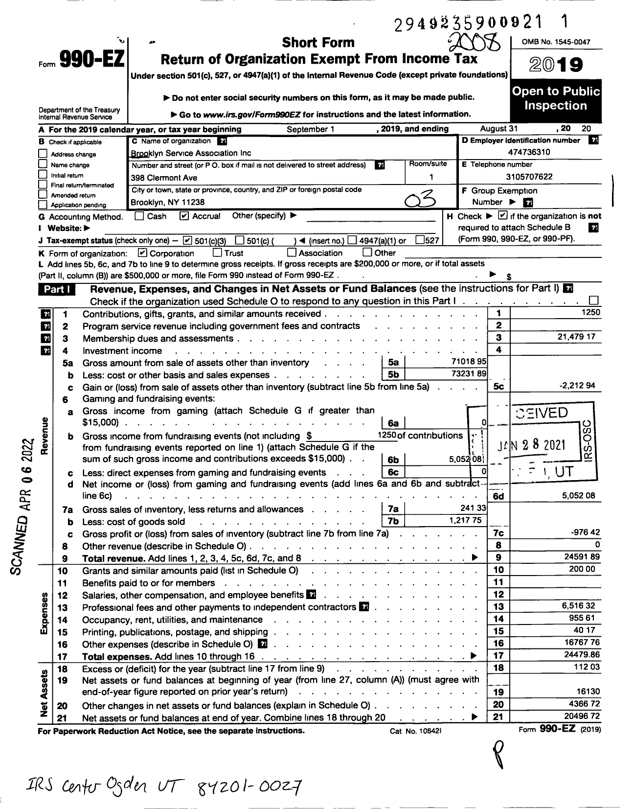 Image of first page of 2019 Form 990EZ for Brooklyn Service Association