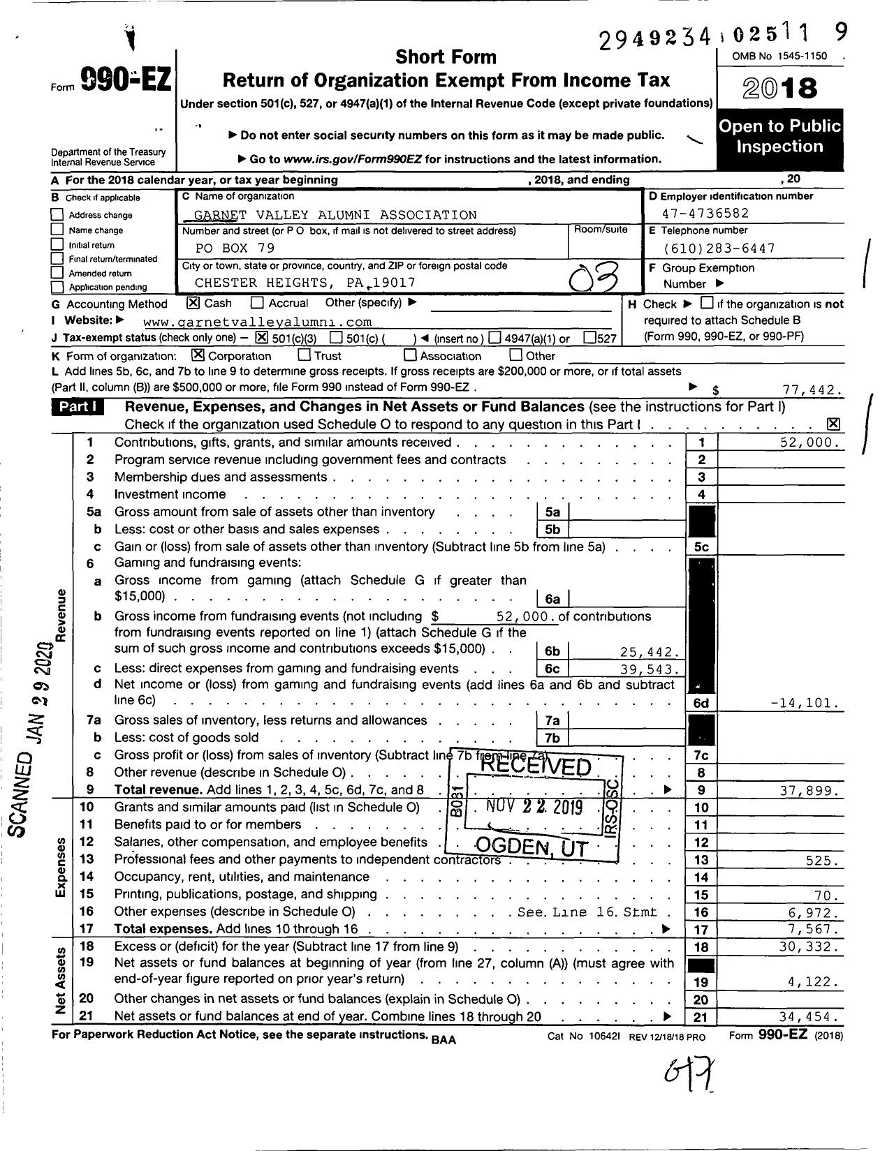 Image of first page of 2018 Form 990EZ for Garnet Valley Alumni Association