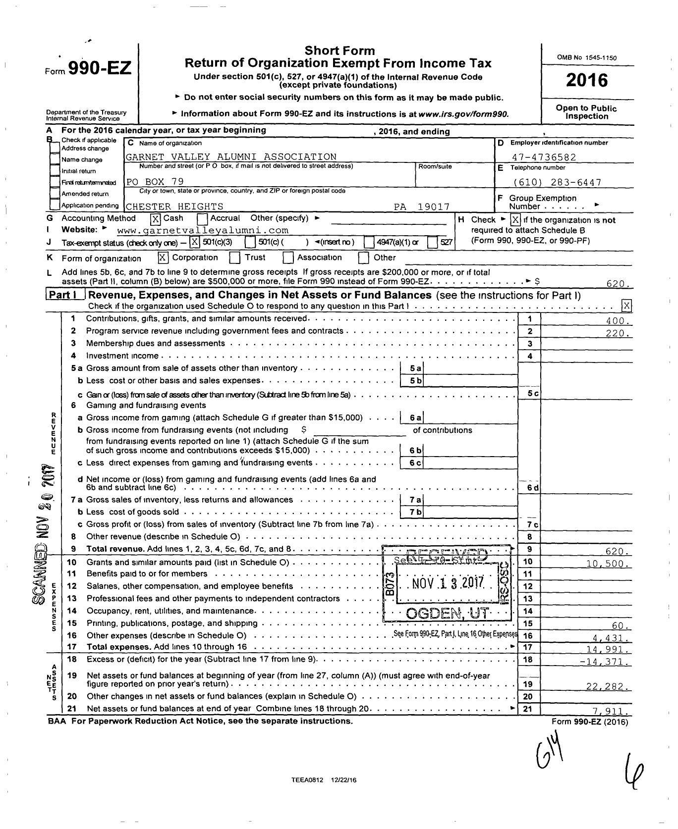 Image of first page of 2016 Form 990EZ for Garnet Valley Alumni Association