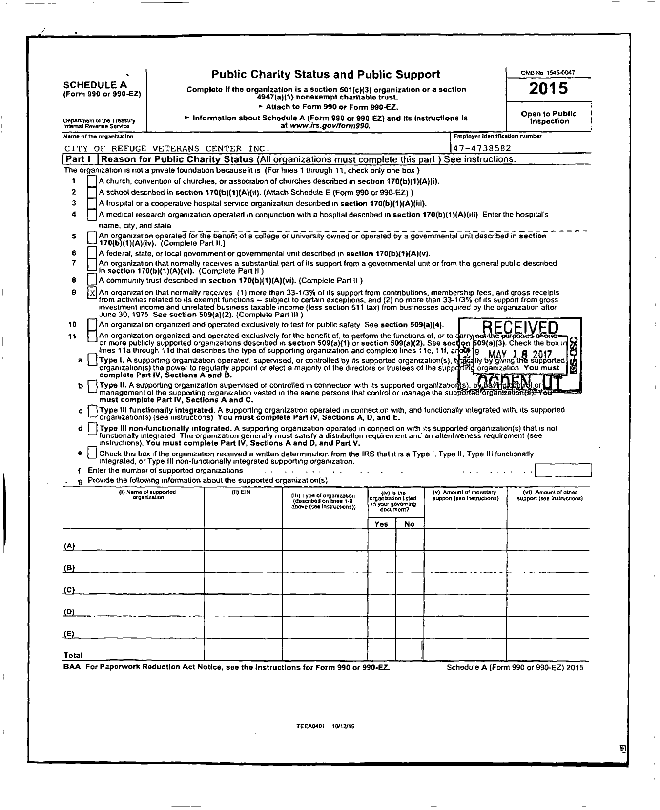 Image of first page of 2015 Form 990ER for City of Refuge Veteran's Center