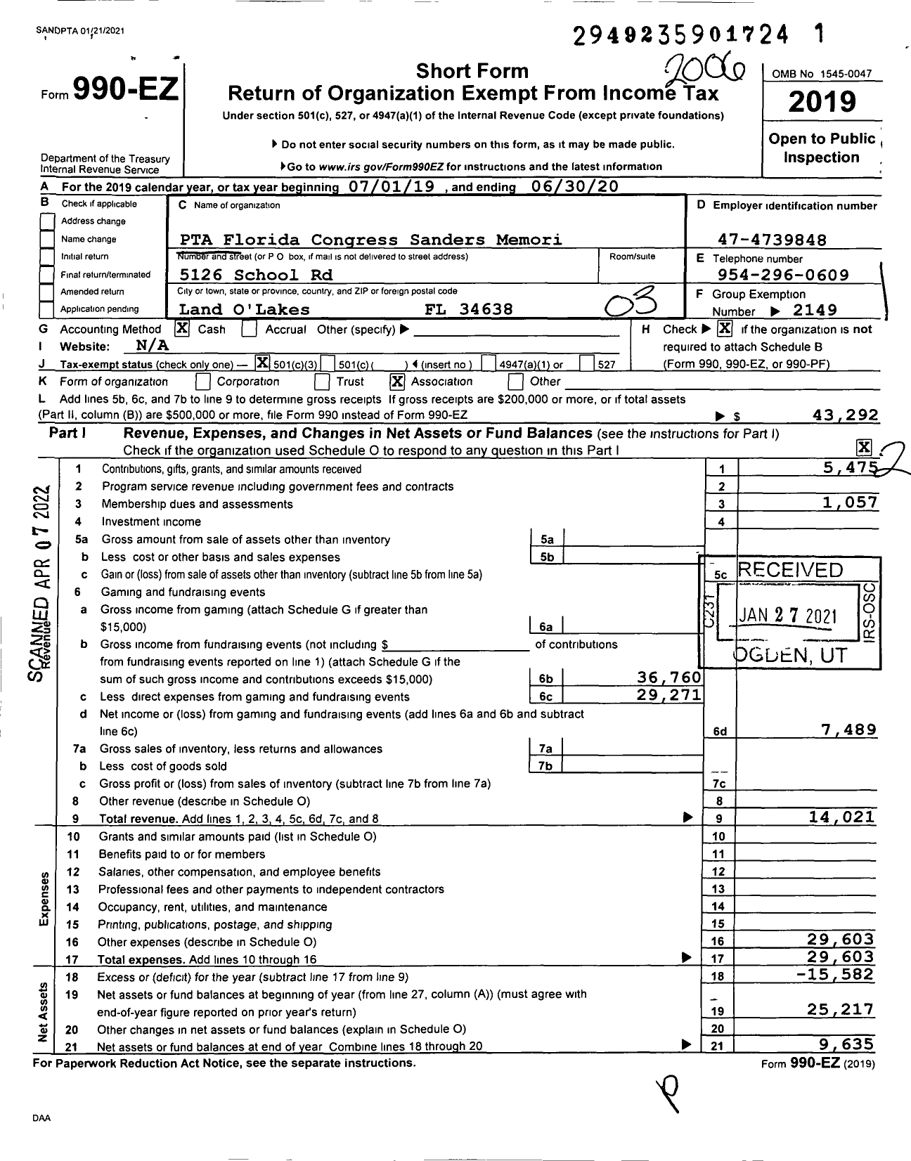 Image of first page of 2019 Form 990EZ for PTA FLORIDA CONGRESS - Sanders Memorial Elementary PTA