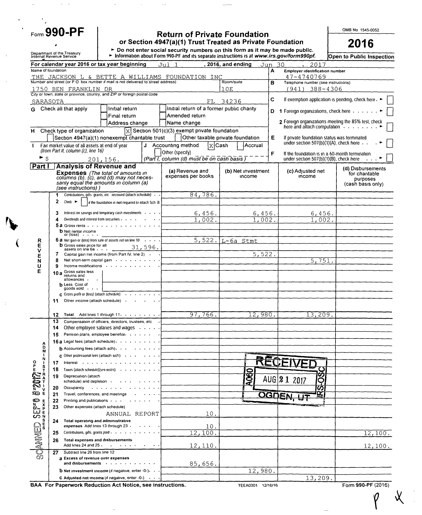 Image of first page of 2016 Form 990PF for The Jackson L and Bette A Williams Foundation