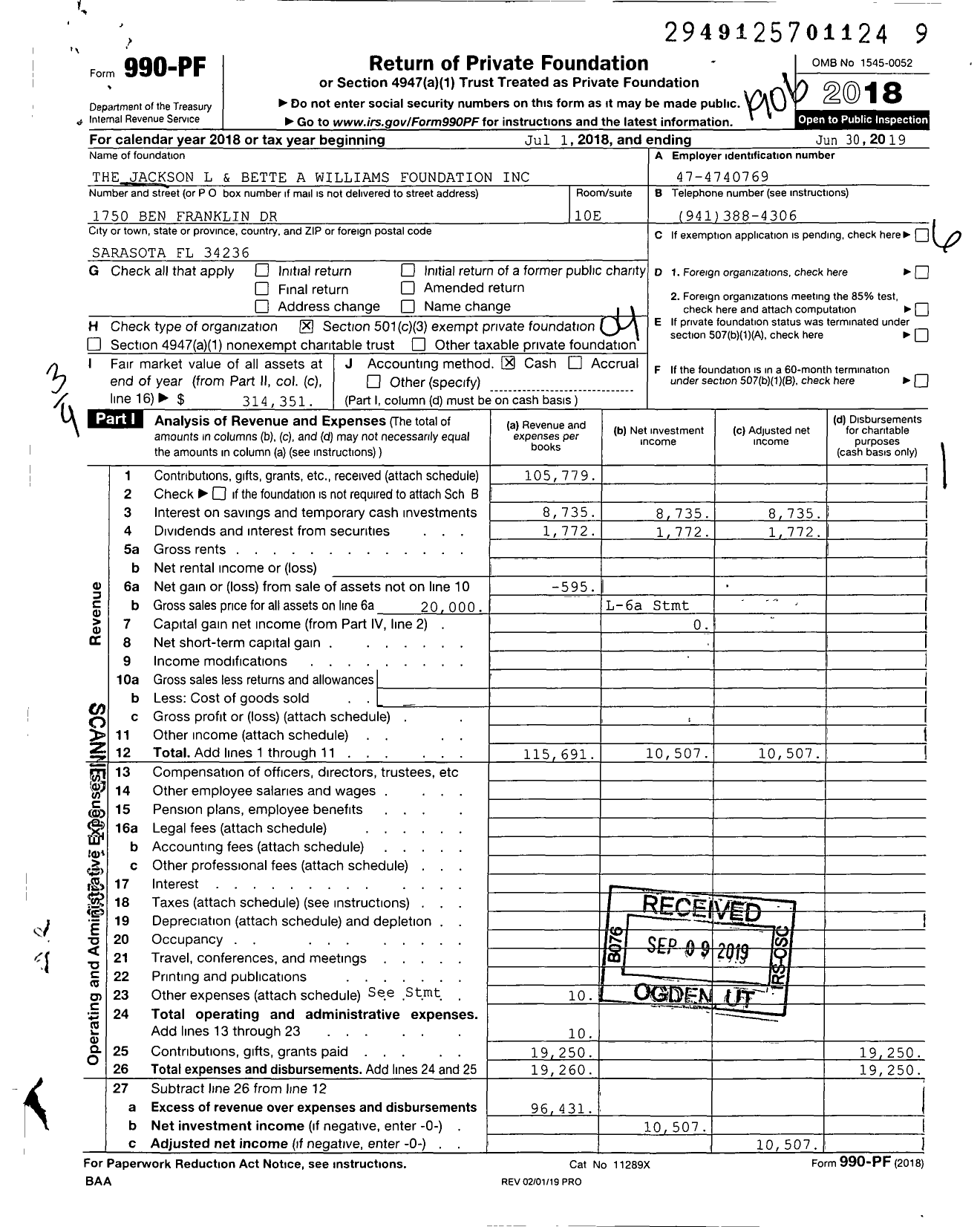 Image of first page of 2018 Form 990PF for The Jackson L and Bette A Williams Foundation