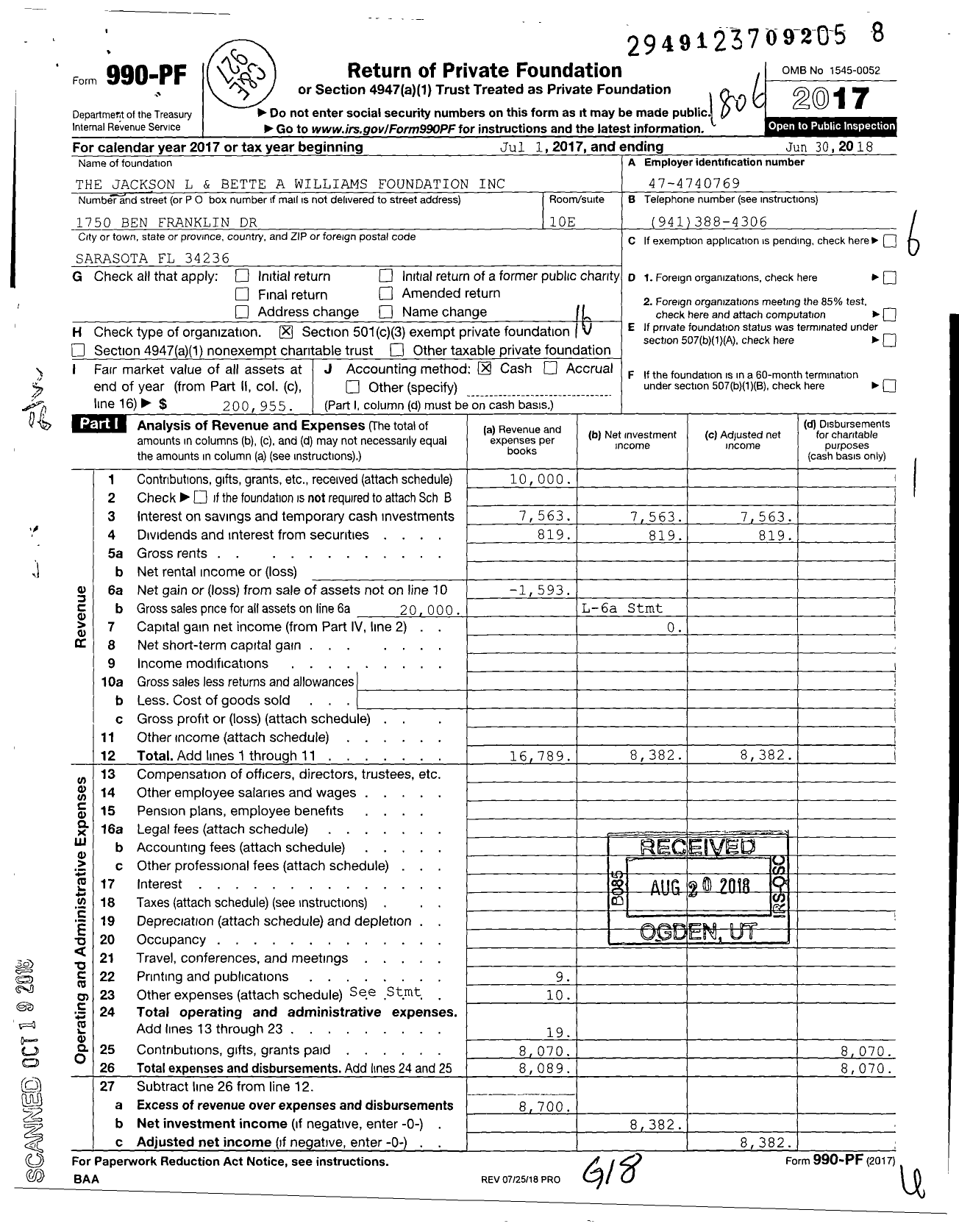 Image of first page of 2017 Form 990PF for The Jackson L and Bette A Williams Foundation
