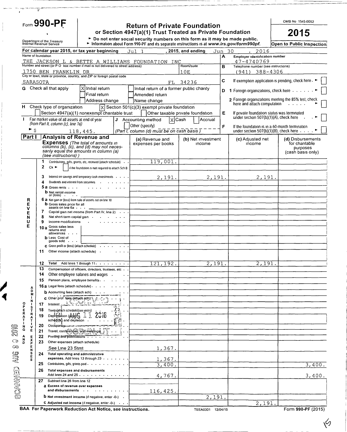 Image of first page of 2015 Form 990PF for The Jackson L and Bette A Williams Foundation