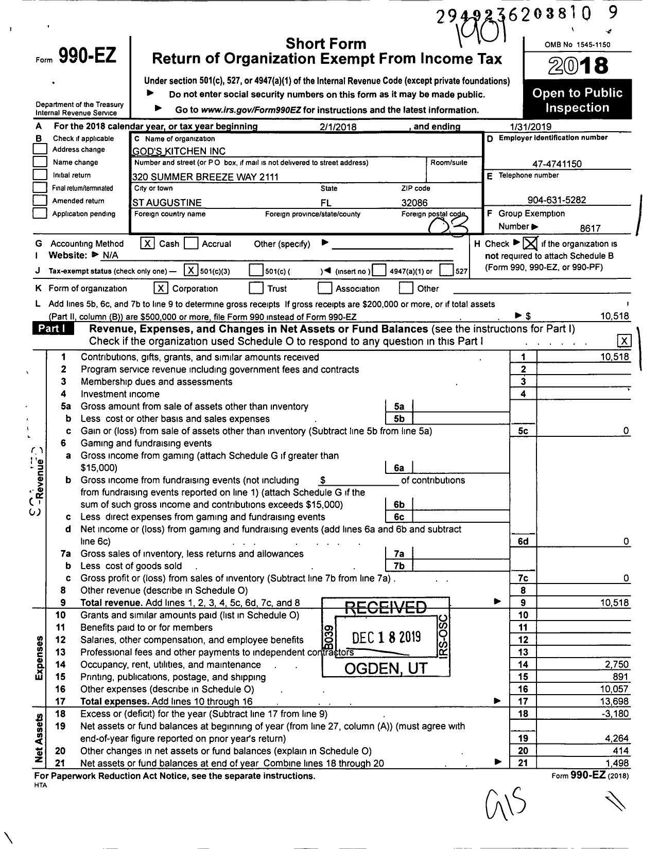 Image of first page of 2018 Form 990EZ for Gods Kitchen